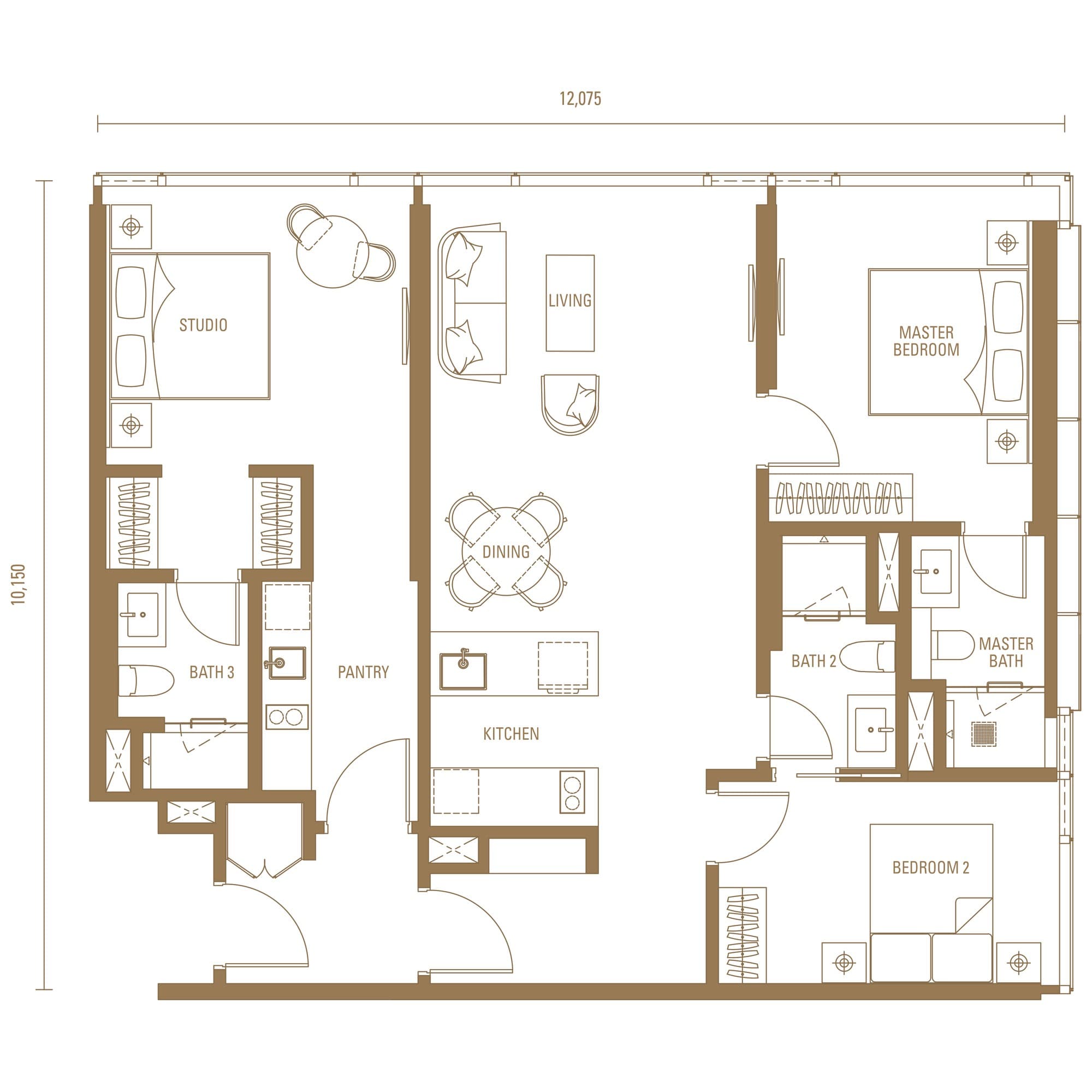 Pavilion Damansara Heights Royal Suites Type DK1 floor plan — 1,302 sq ft, 2 bedrooms + studio, dual key · 3 bathrooms