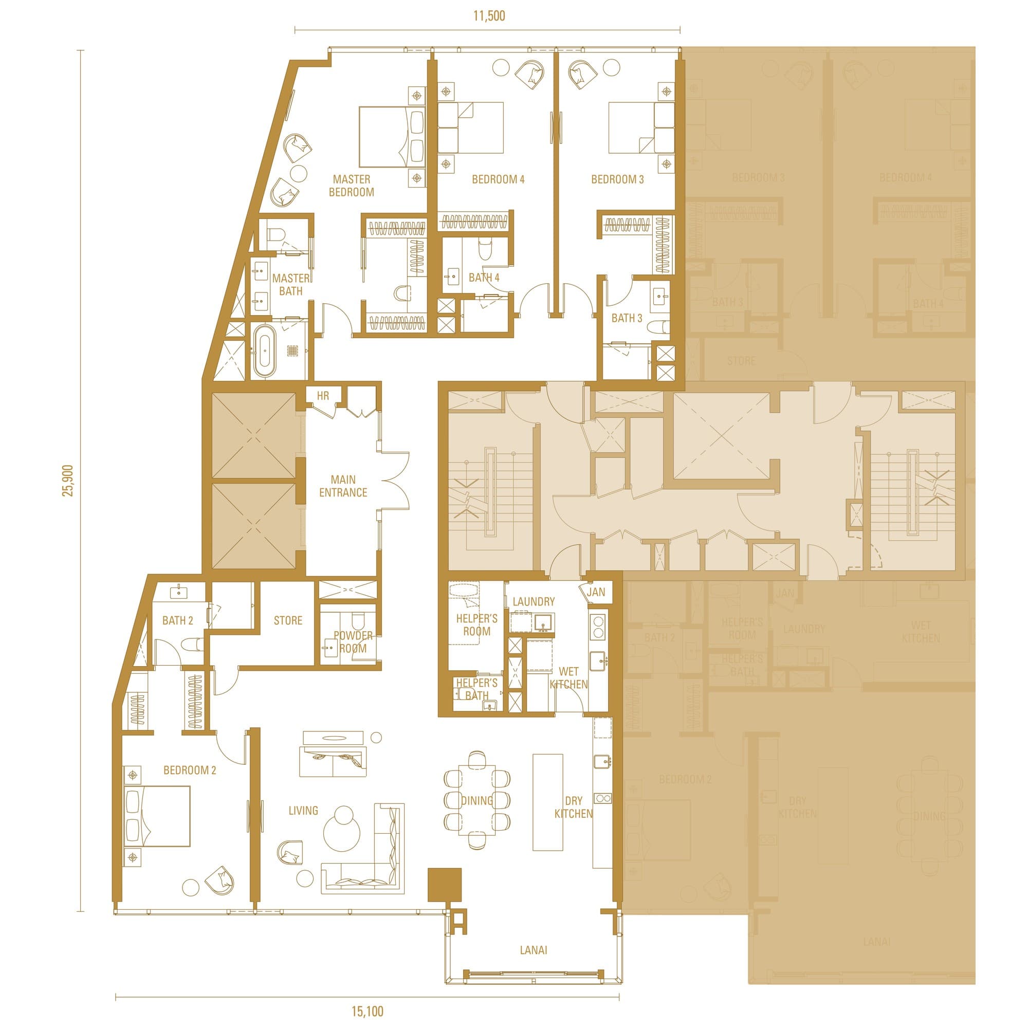 Pavilion Damansara Heights Imperial Residences Type H1 floor plan — 3,380 sq ft, 4 ensuite bedrooms · helper's room · lanai