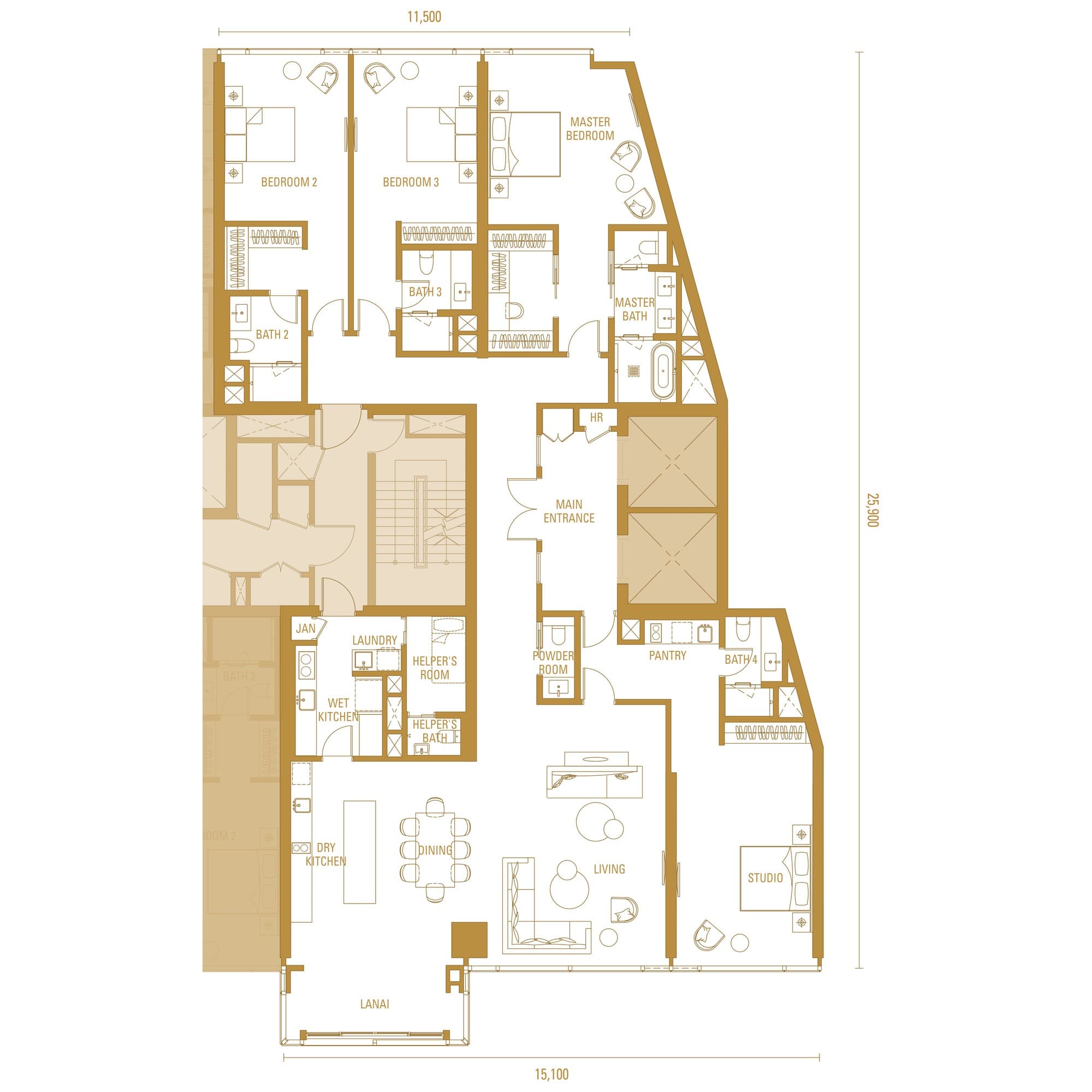 Pavilion Damansara Heights Imperial Residences Type H1A floor plan — 3,380 sq ft, 3 ensuite bedrooms · studio · helper's room · lanai