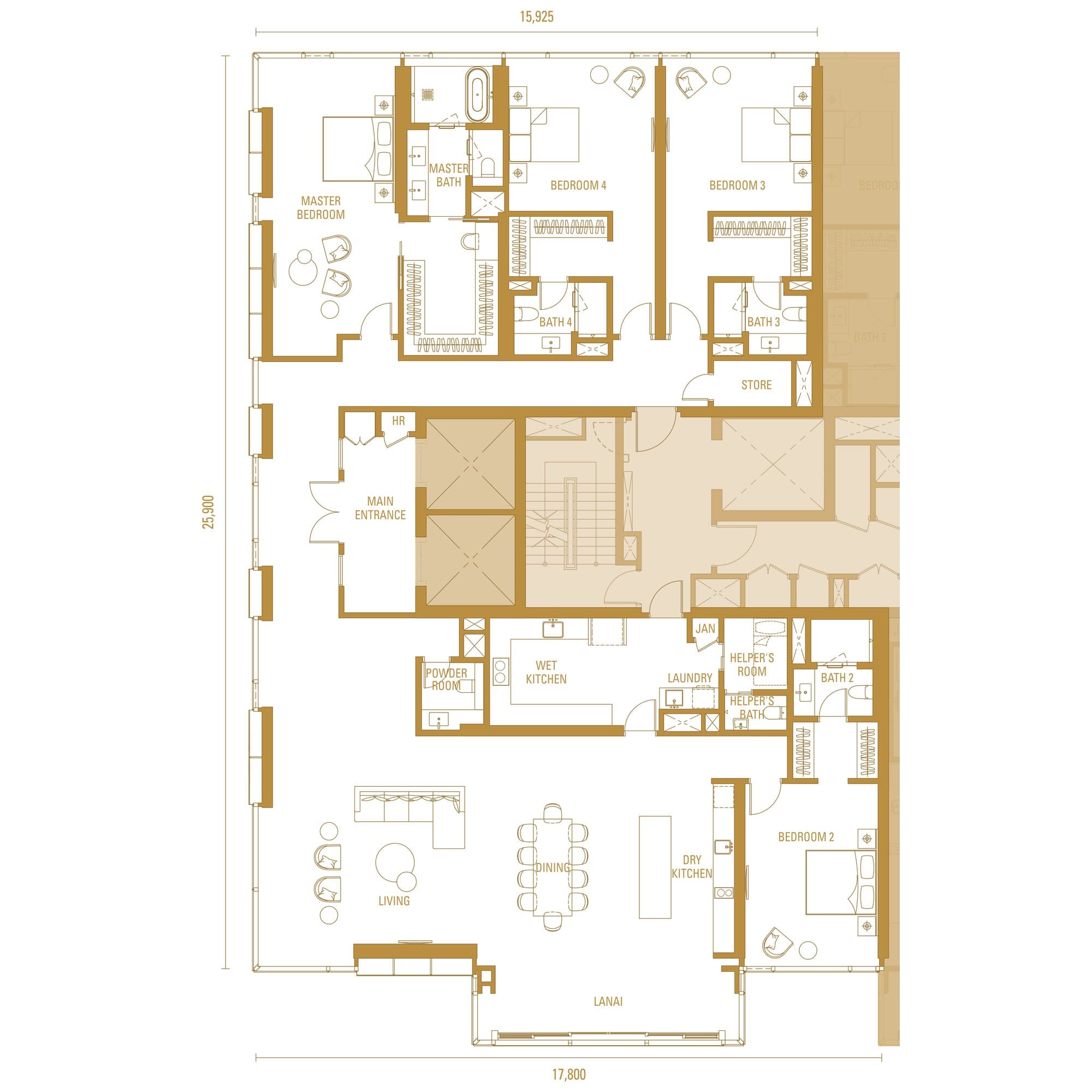Pavilion Damansara Heights Imperial Residences Type H2A floor plan — 4,090 sq ft, 4 ensuite bedrooms · helper's room · lanai
