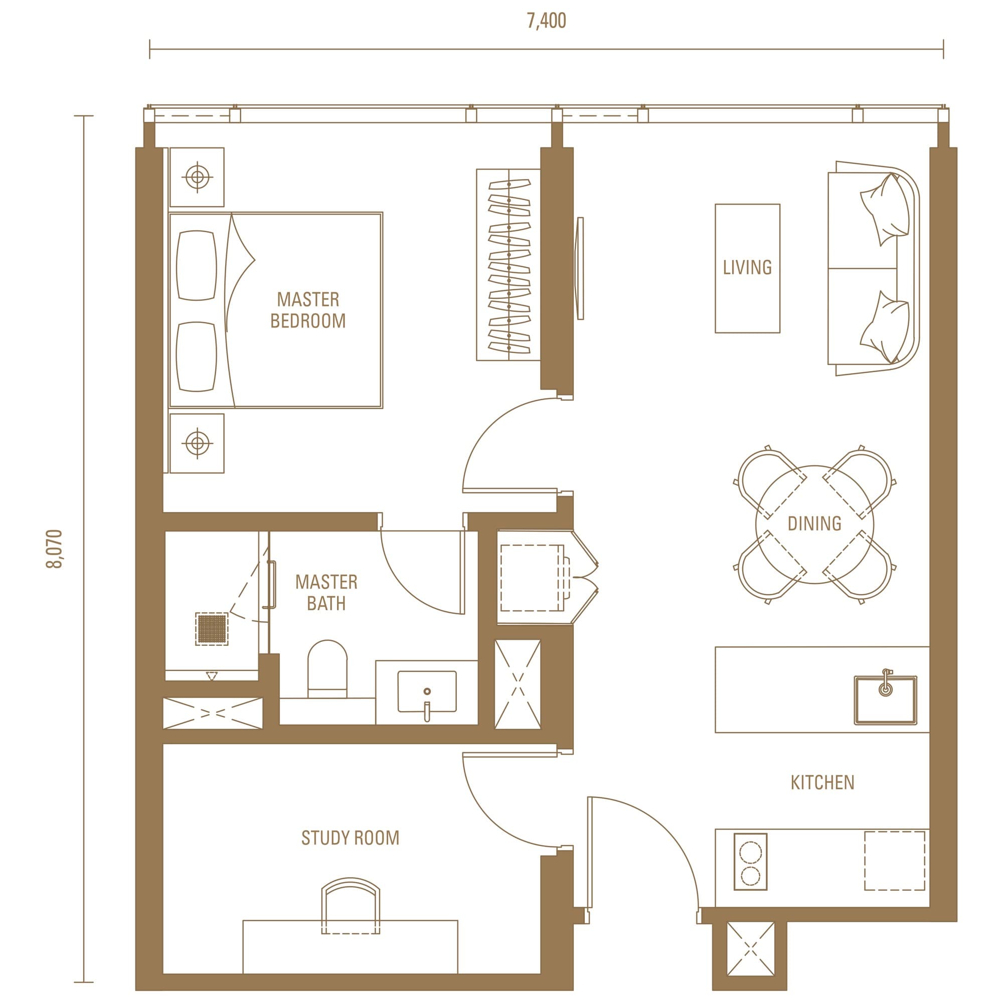 Pavilion Damansara Heights Royal Suites Type J1 floor plan — 635 sq ft, 1 bedroom + study · 1 bathroom