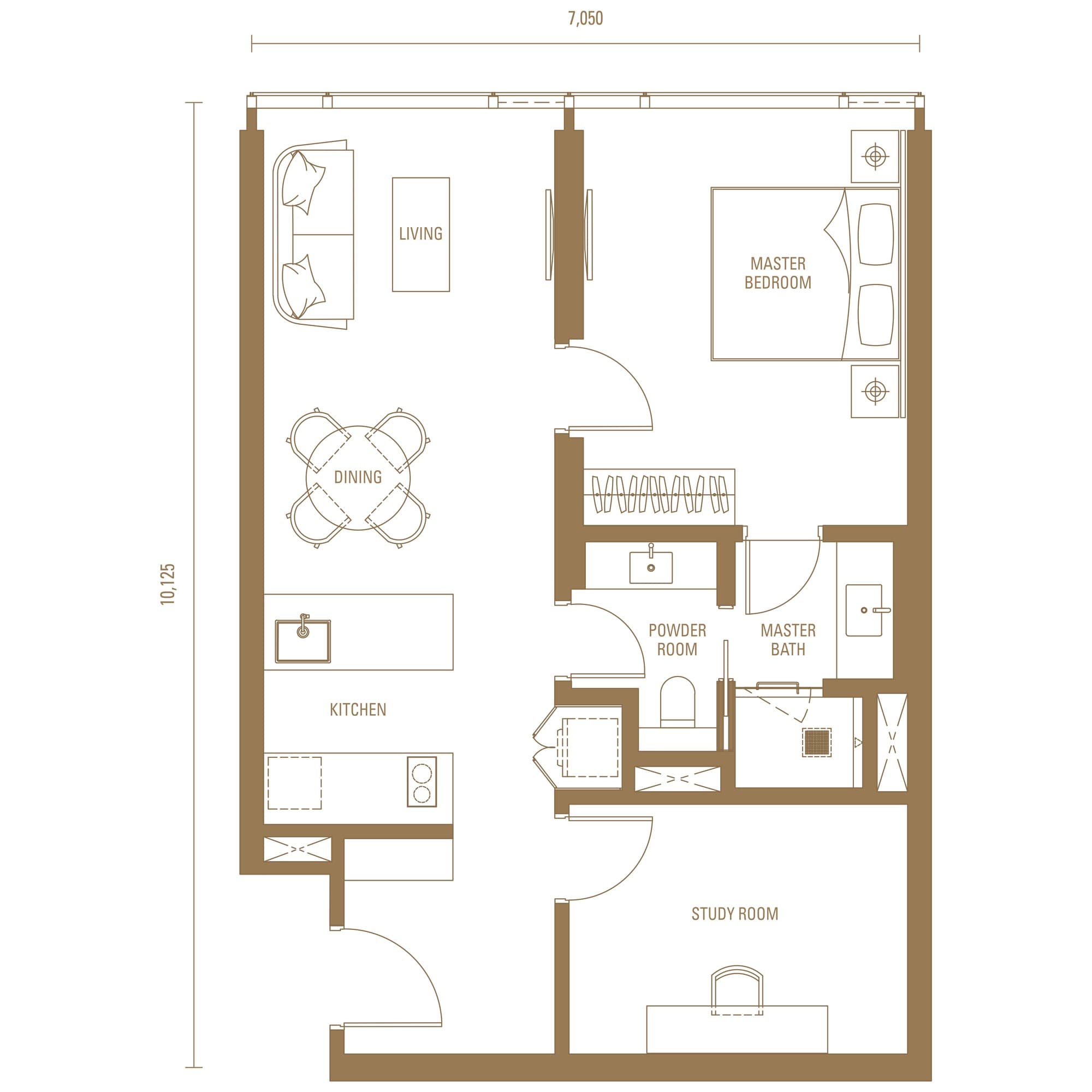 Pavilion Damansara Heights Royal Suites Type J2 floor plan — 753 sq ft, 1 bedroom + study · 1 bathroom + powder room