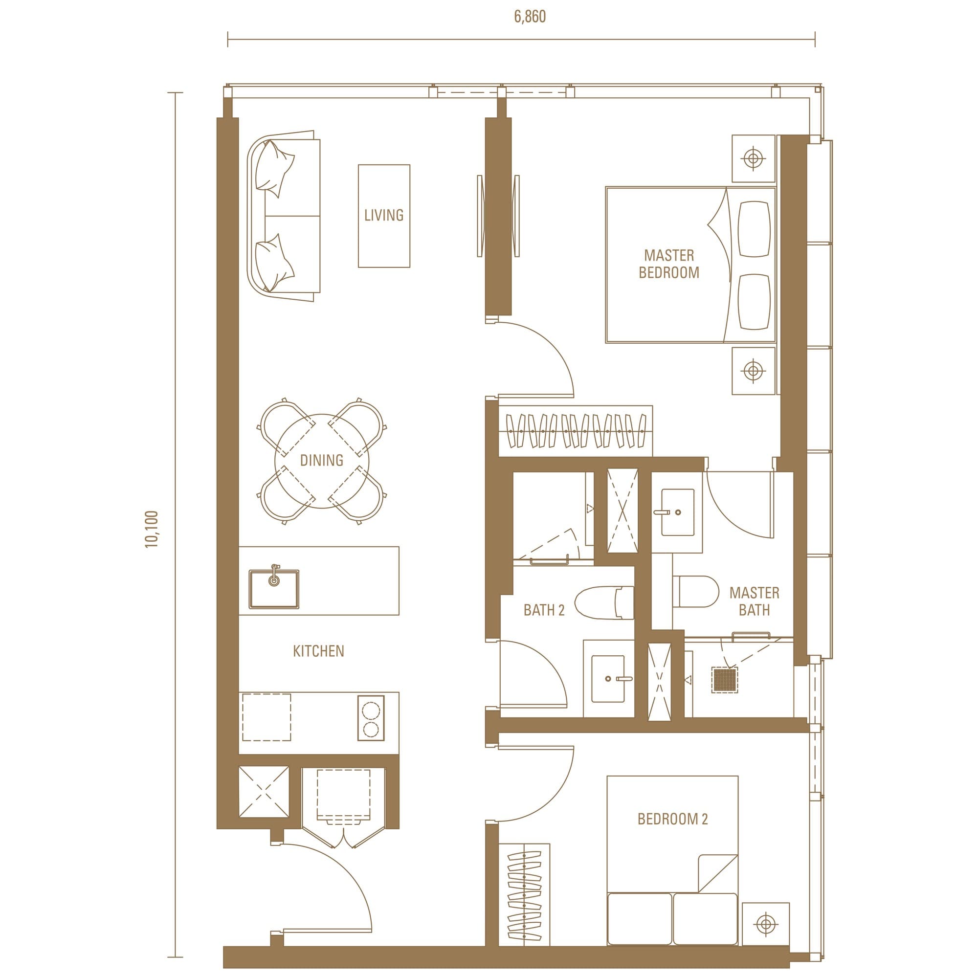 Pavilion Damansara Heights Royal Suites Type J3 floor plan — 743 sq ft, 2 bedrooms · 2 bathrooms