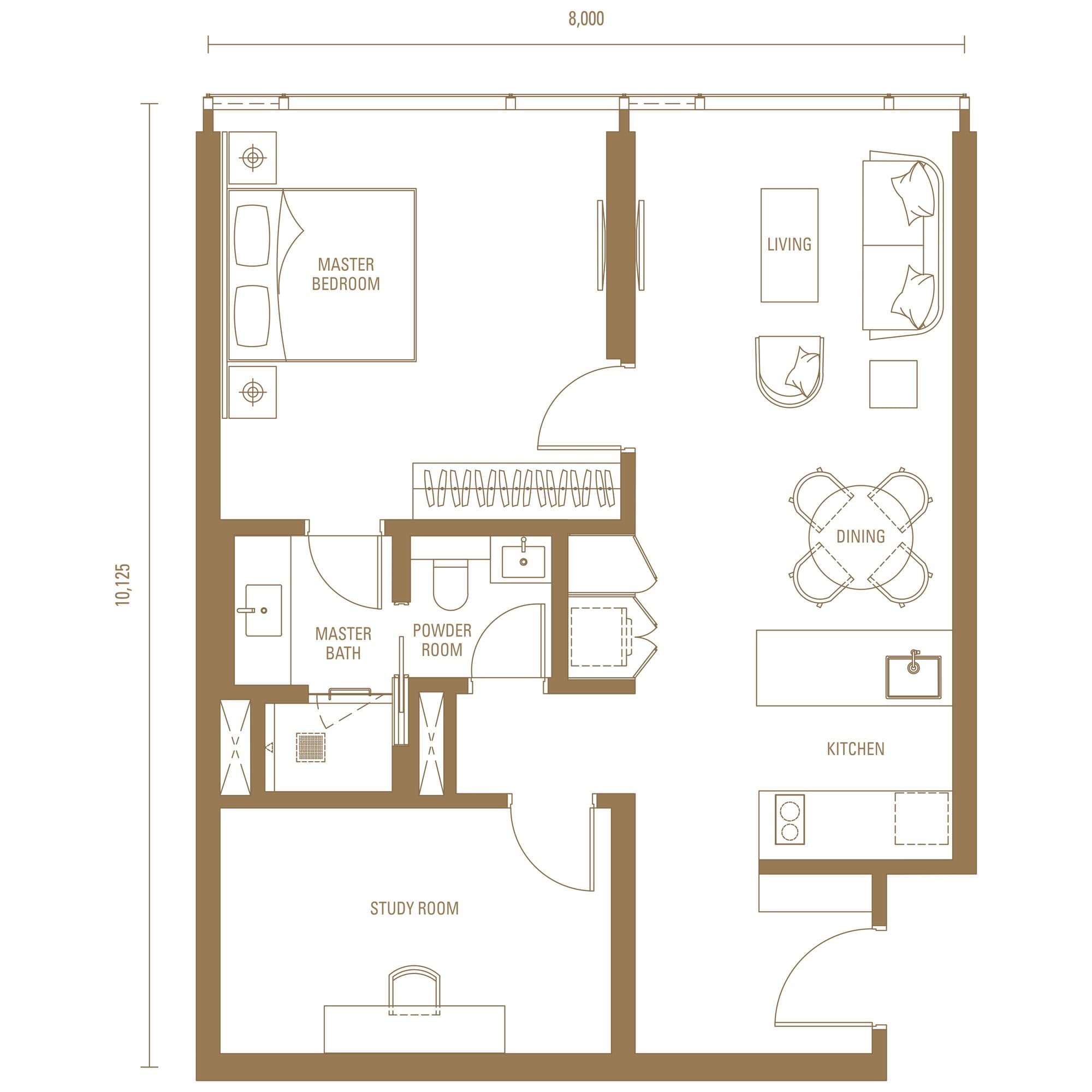 Pavilion Damansara Heights Royal Suites Type J4 floor plan — 850 sq ft, 1 bedroom + study · 1 bathroom + powder room
