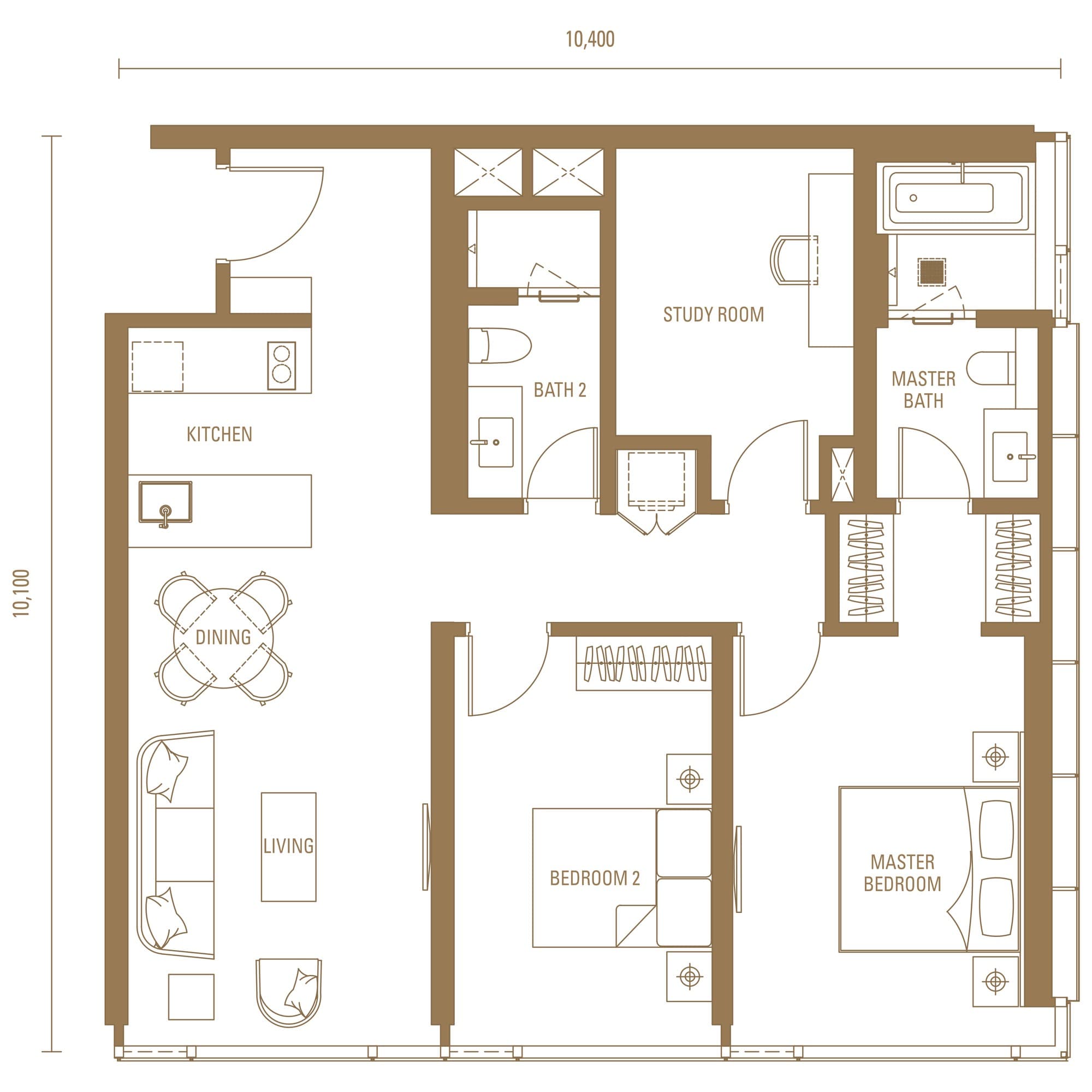 Pavilion Damansara Heights Royal Suites Type M1 floor plan — 1,119 sq ft, 2 bedrooms + study · 2 bathrooms
