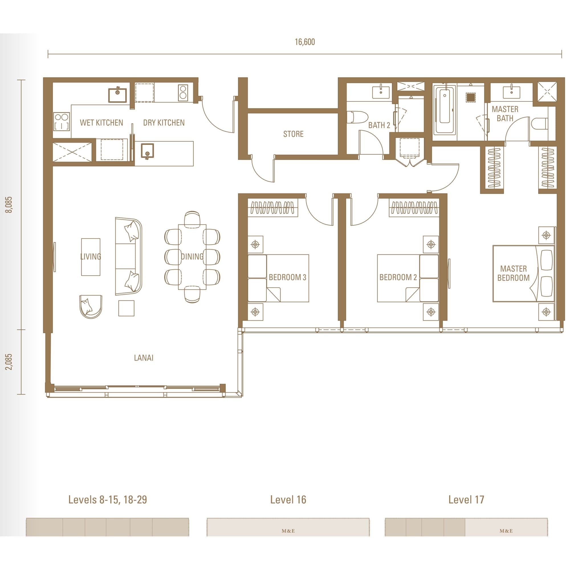 Pavilion Damansara Heights Royal Suites Type M2 floor plan — 1,550 sq ft, 3 bedrooms · 3 bathrooms · lanai