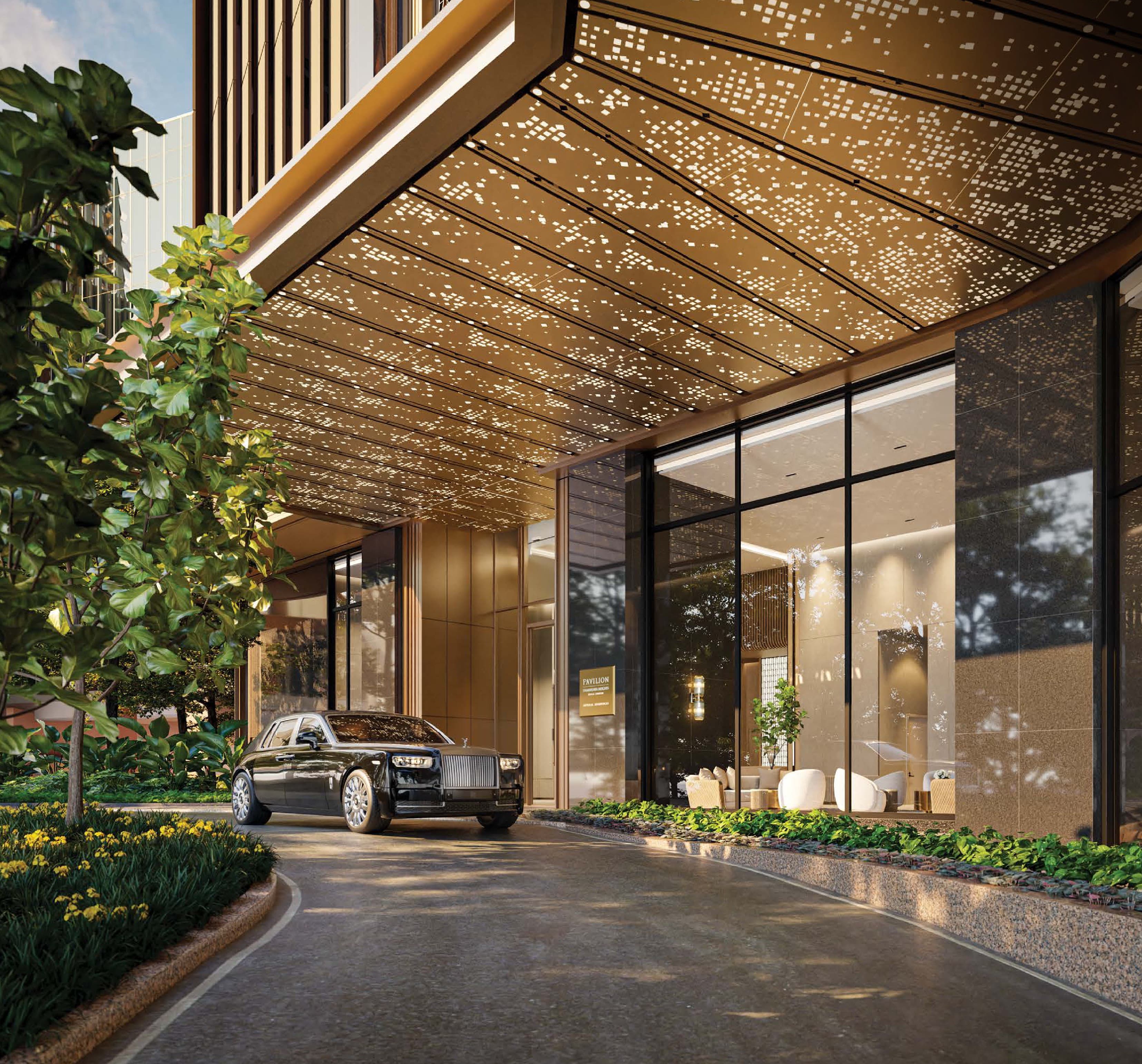 Imperial Residences — the drop-off, under a perforated brass canopy that leads into the double-volume lobby