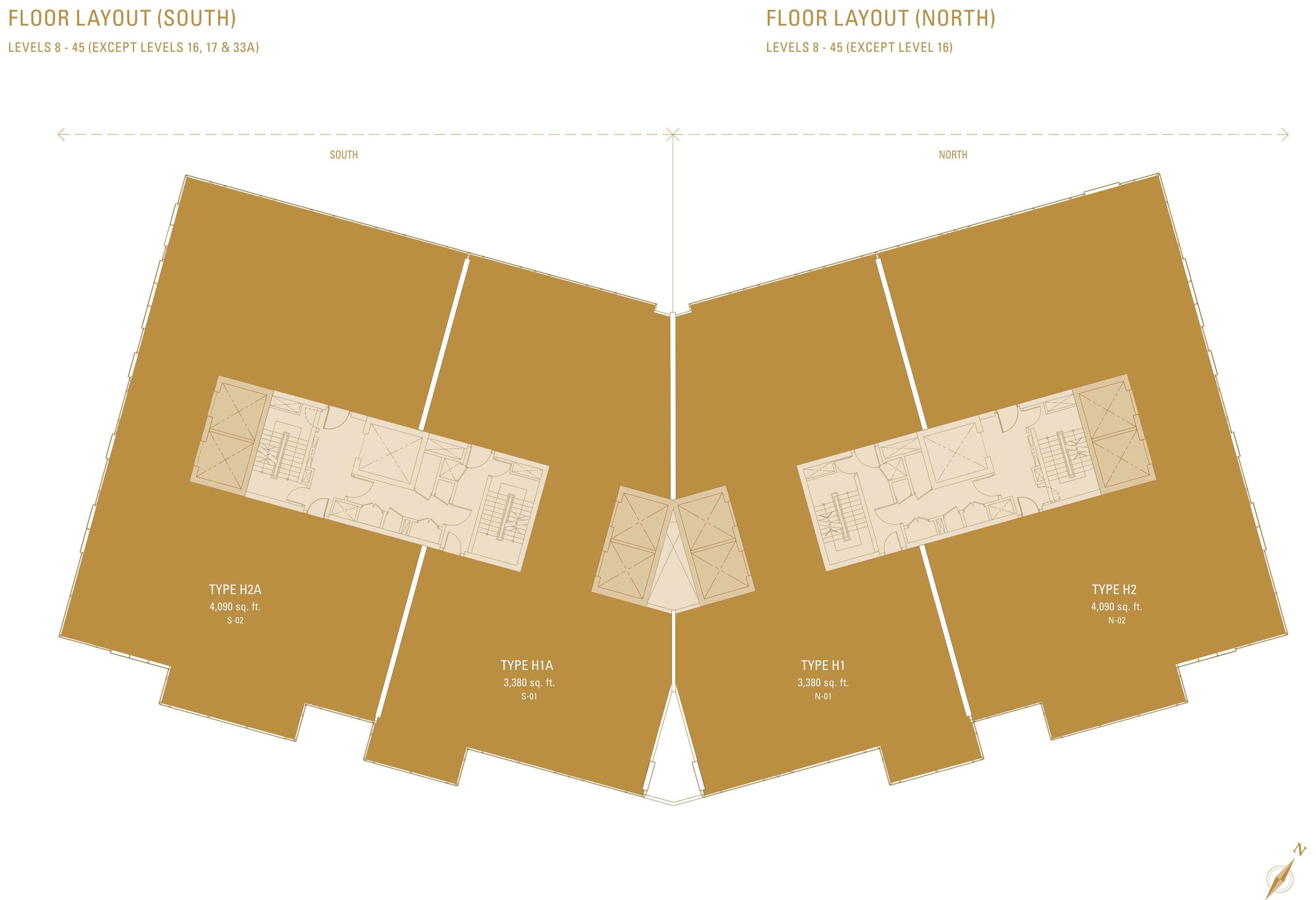 Imperial Residences typical floor plate for Levels 8 to 45 — four homes around the central cores: Type H2A of 4,090 sq ft on the south wing, Type H1A of 3,380 sq ft inboard south, Type H1 of 3,380 sq ft inboard north and Type H2 of 4,090 sq ft on the north wing, drawn as the south and north floor layouts with the level exceptions 16, 17 and 33A noted