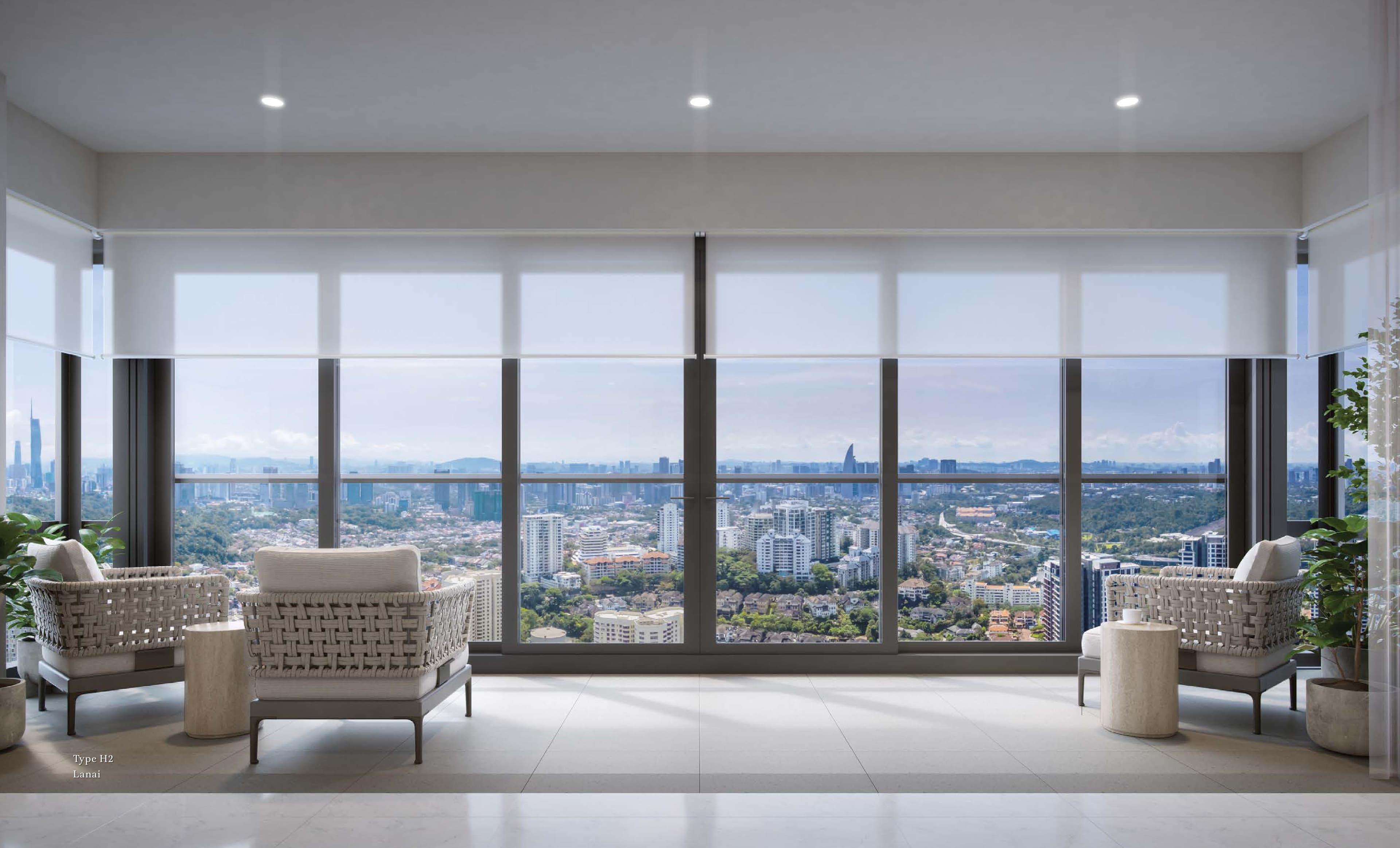 Imperial Residences, Type H2 — the lanai behind its full-height glass sliding panels, with Bukit Damansara and the city beyond