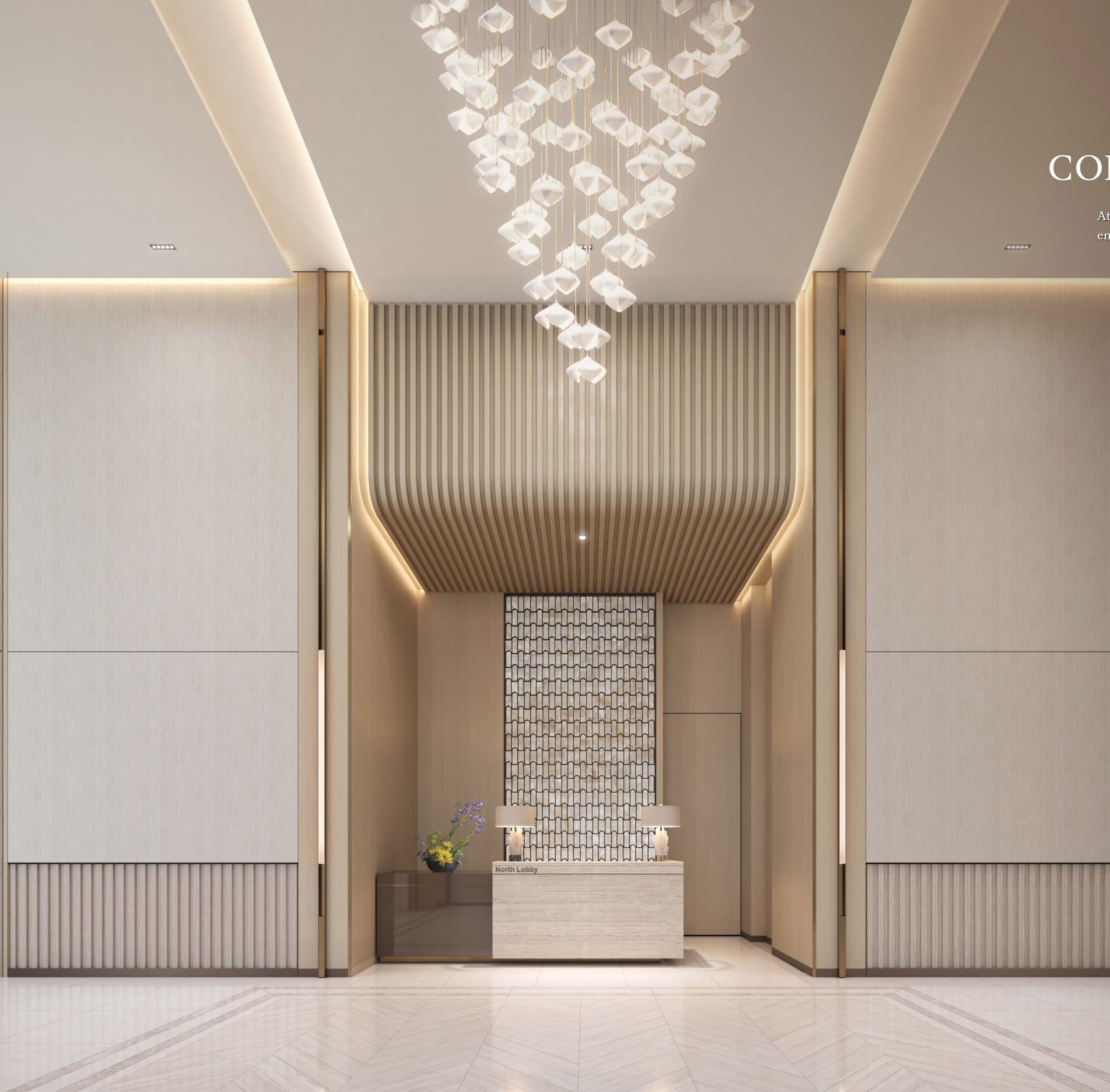 Imperial Residences — the north lobby, double-volume with a concierge desk; Pavilion Concierge Services are extended to residents