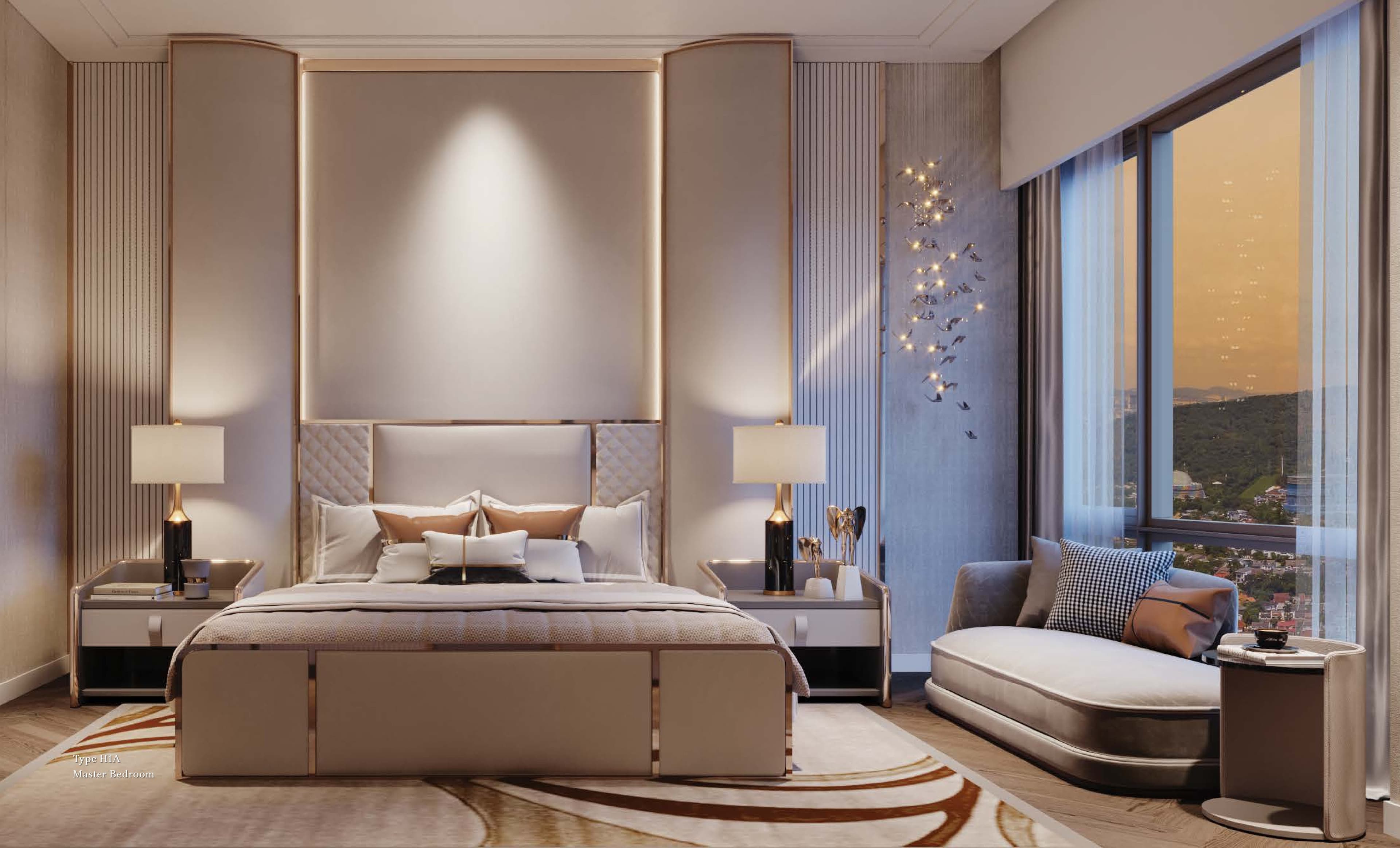 Imperial Residences, Type H1A — the master suite, with herringbone timber flooring and its ensuite bathroom behind