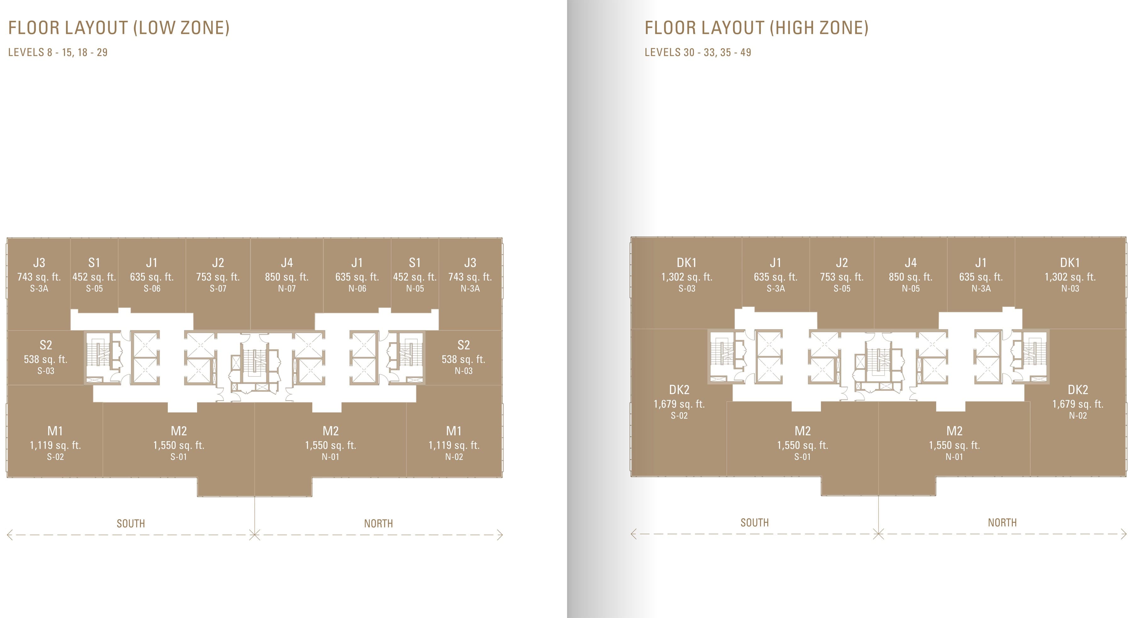 Royal Suites floor layouts — the low-zone plate for Levels 8-15 and 18-29 with fourteen homes a floor (Types J3, S1, J1, J2 and J4 across the top, an S2 beside each core, and M1, M2, M2, M1 across the foot) beside the high-zone plate for Levels 30-33 and 35-49 with ten homes a floor, where Type DK1 takes the corners and Type DK2 the S2 positions