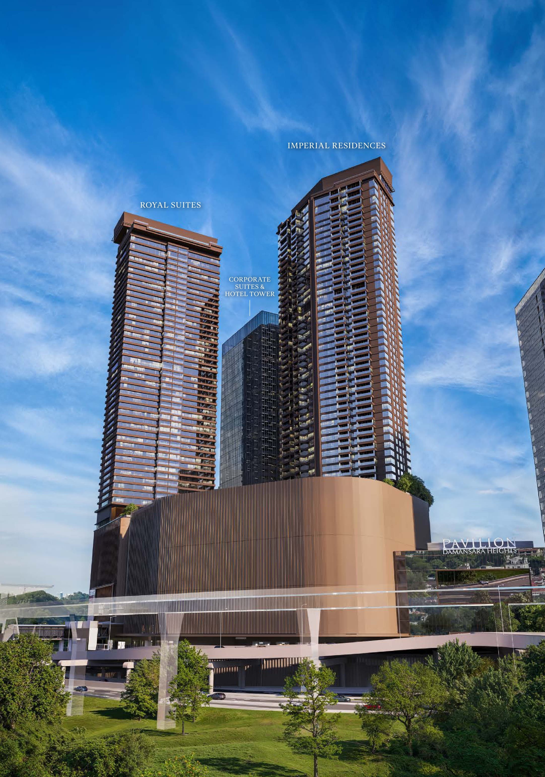 Pavilion Damansara Heights Phase 2 as the brochure labels it — the Royal Suites tower on the left, the taller Imperial Residences tower on the right, and the Corporate Suites & Hotel Tower between them, all rising from the bronze mall podium with the MRT viaduct crossing in front