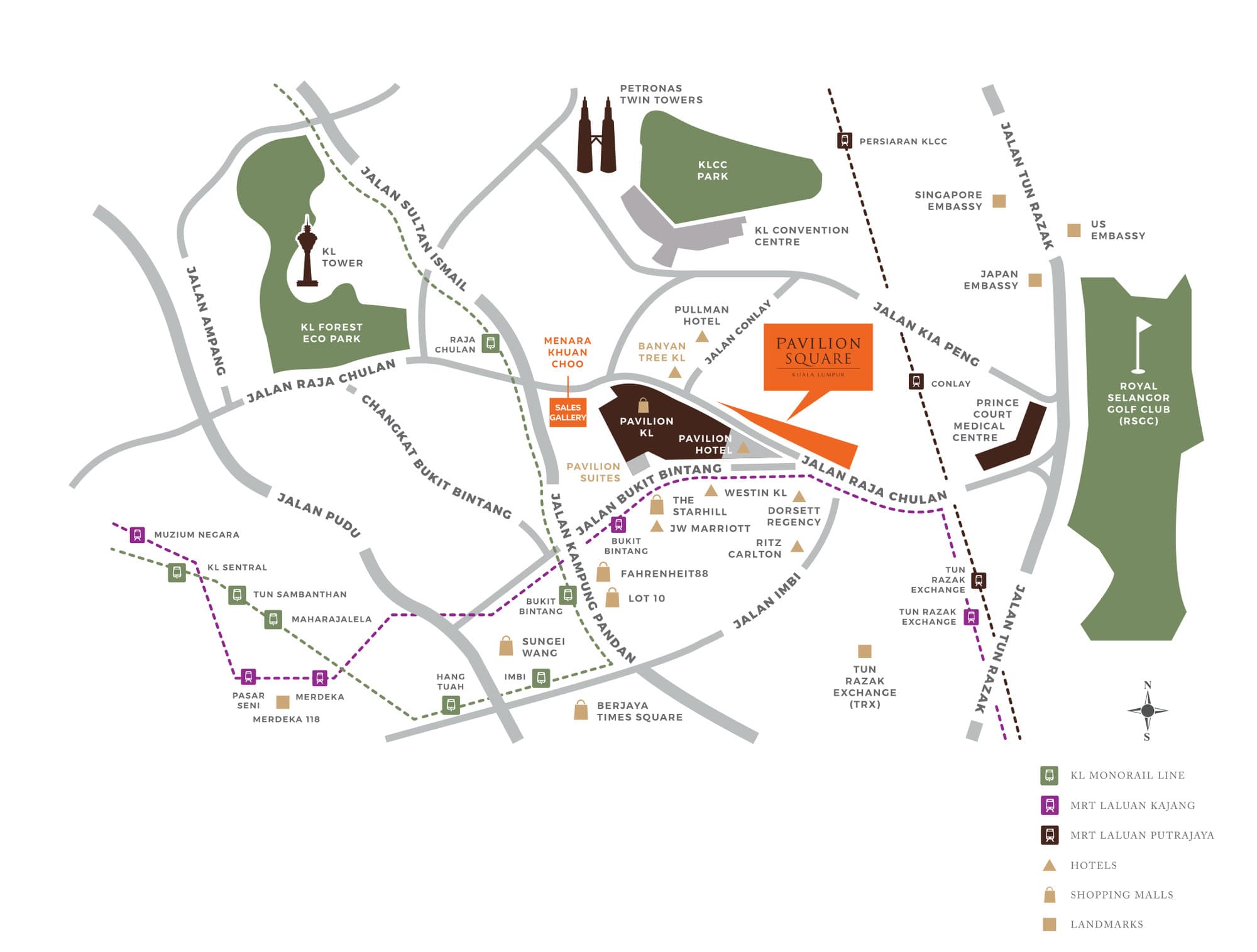 Pavilion Square location map — the development marked in orange on Jalan Raja Chulan with Pavilion Kuala Lumpur, the Pavilion Hotel and Pavilion Suites below it, the Petronas Twin Towers, KLCC Park and the KL Convention Centre to the north, KL Tower and KL Forest Eco Park to the north-west, Conlay and Prince Court Medical Centre to the east, the Royal Selangor Golf Club on the eastern edge, and Bukit Bintang, Fahrenheit88, Lot 10, Sungei Wang, Berjaya Times Square, Merdeka 118 and Tun Razak Exchange across the rest of the sheet
