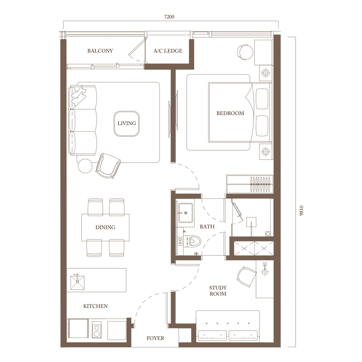 Pavilion Square Type B1 floor plan — 770 sq ft, 1 bedroom + study · 1 bathroom