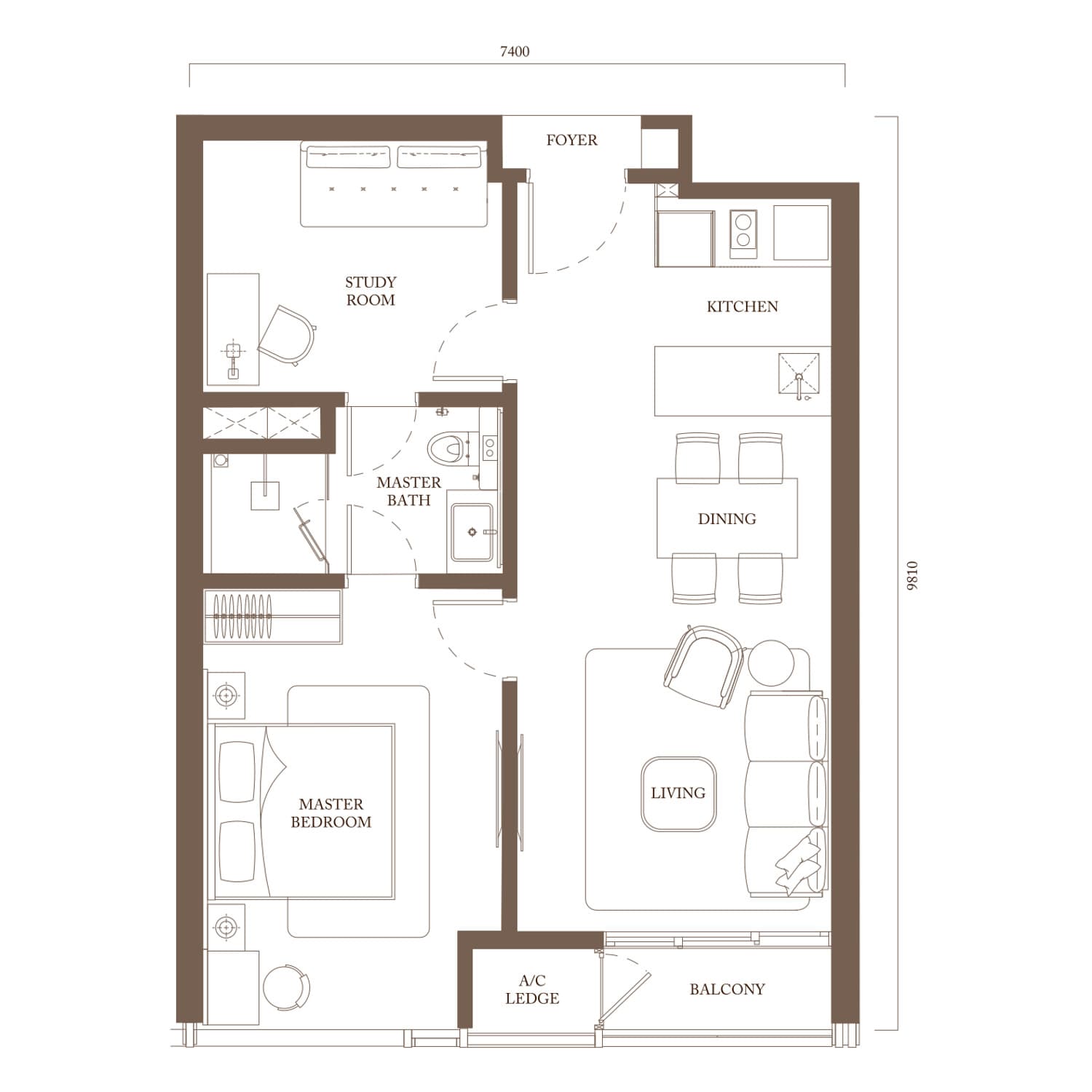 Pavilion Square Type B2 floor plan — 772 sq ft, 1 bedroom + study · 1 bathroom