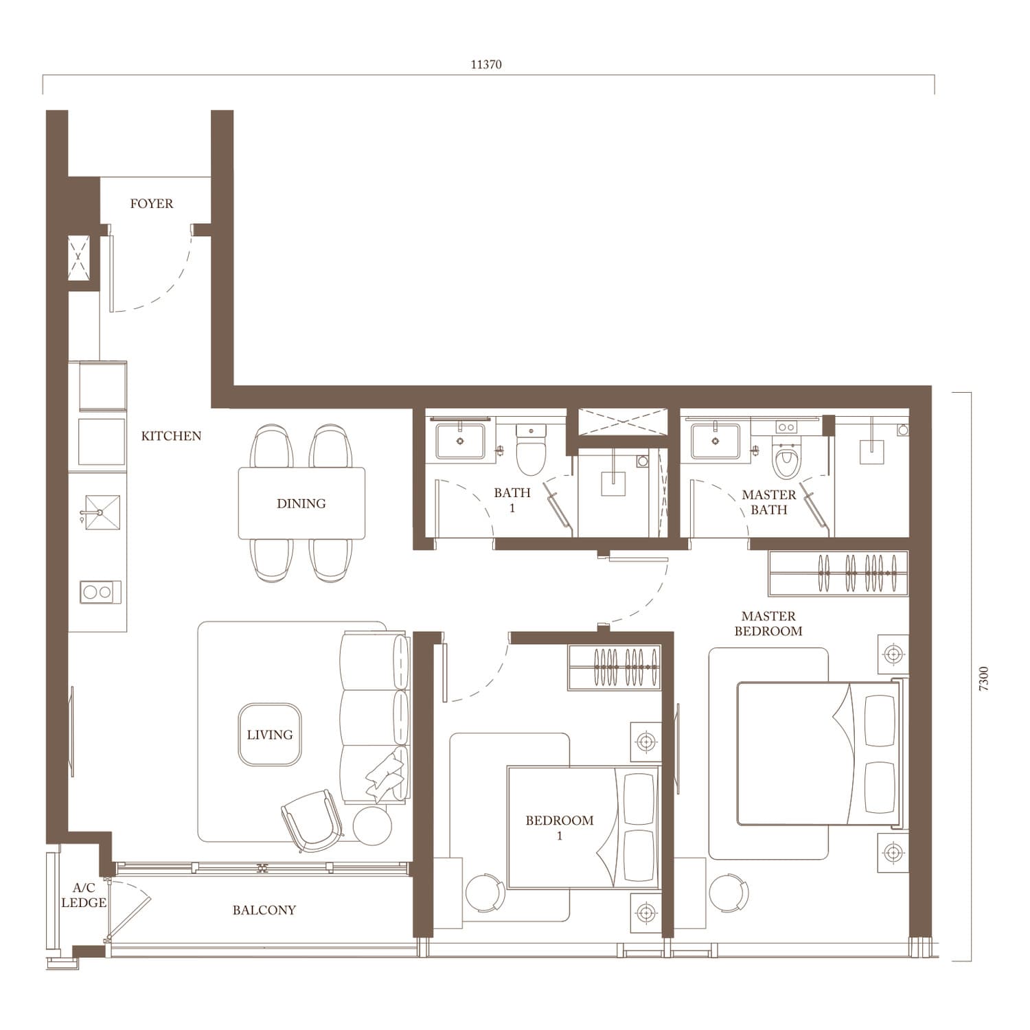 Pavilion Square Type C1 floor plan — 966 sq ft, 2 bedrooms · 2 bathrooms