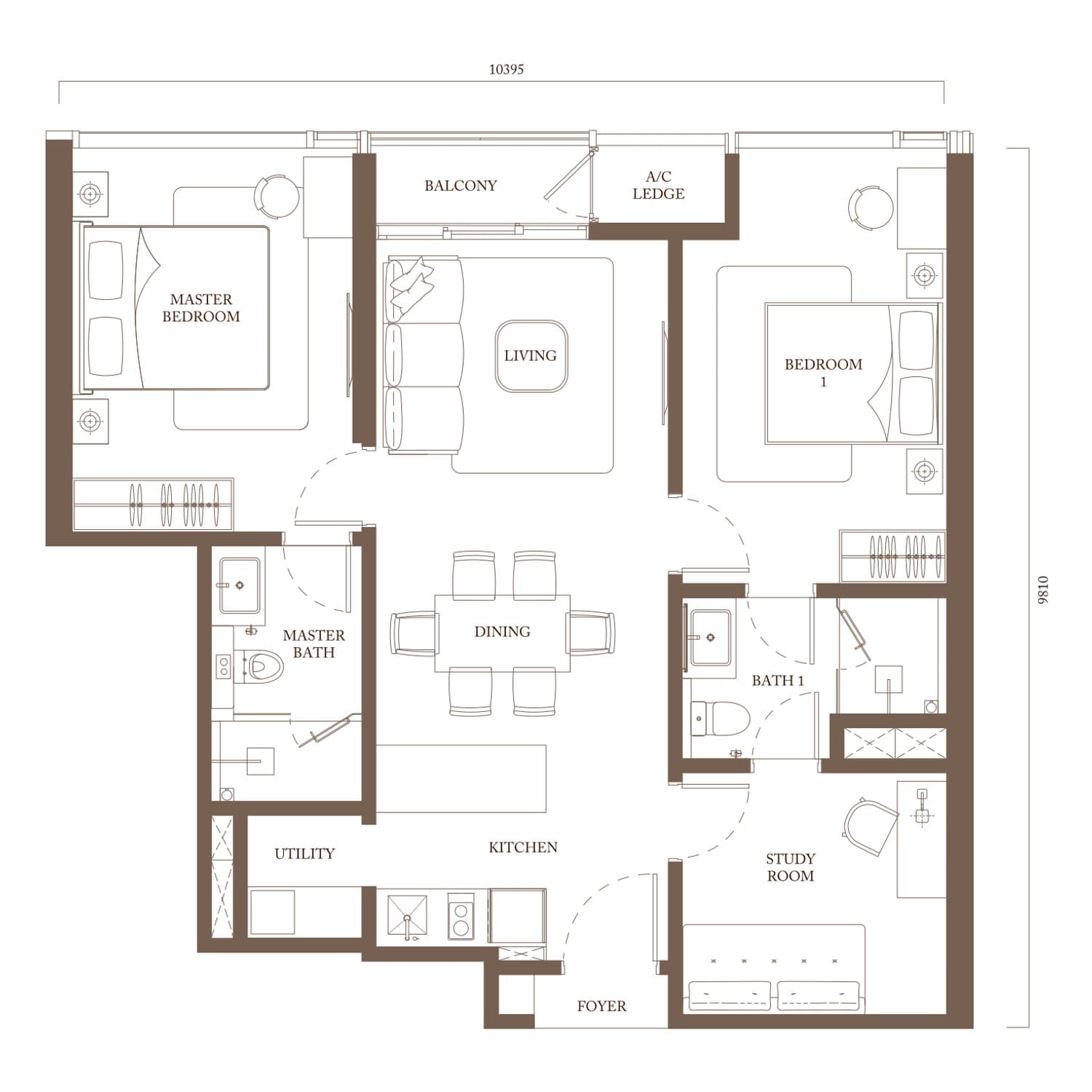 Pavilion Square Type C2 floor plan — 978 sq ft, 2 bedrooms + study · 2 bathrooms