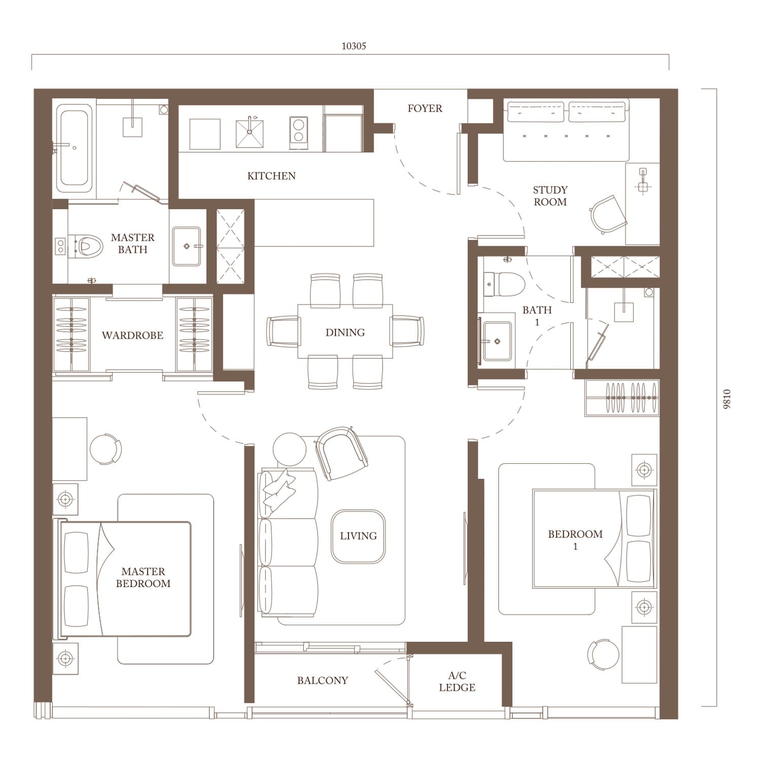 Pavilion Square Type C3 floor plan — 1,100 sq ft, 2 bedrooms + study · 2 bathrooms