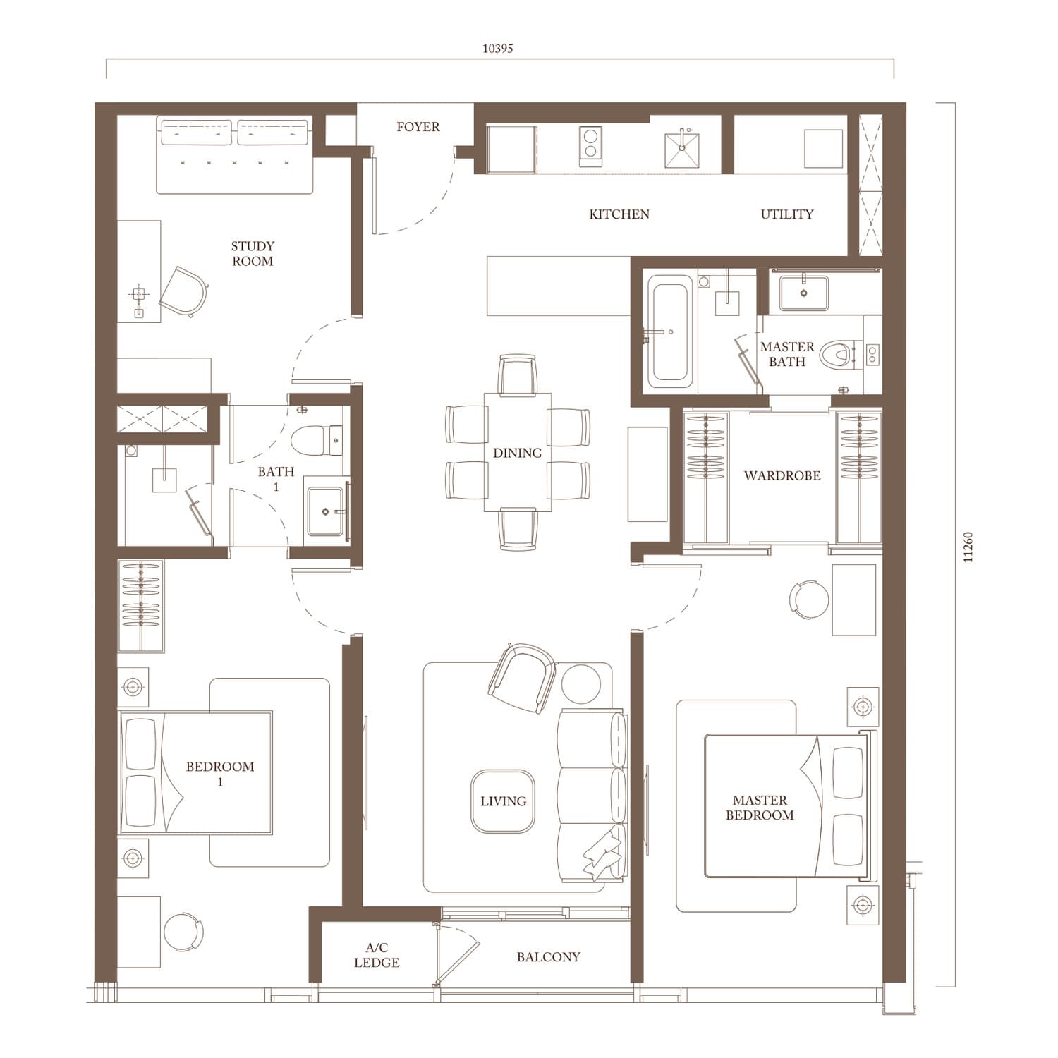 Pavilion Square Type C4 floor plan — 1,272 sq ft, 2 bedrooms + study · 2 bathrooms