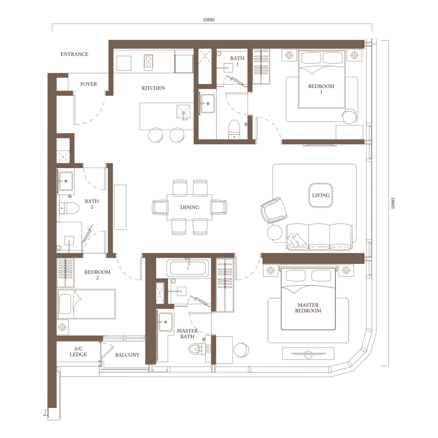 Pavilion Square Type D floor plan — 1,255 sq ft, 3 bedrooms · 3 bathrooms