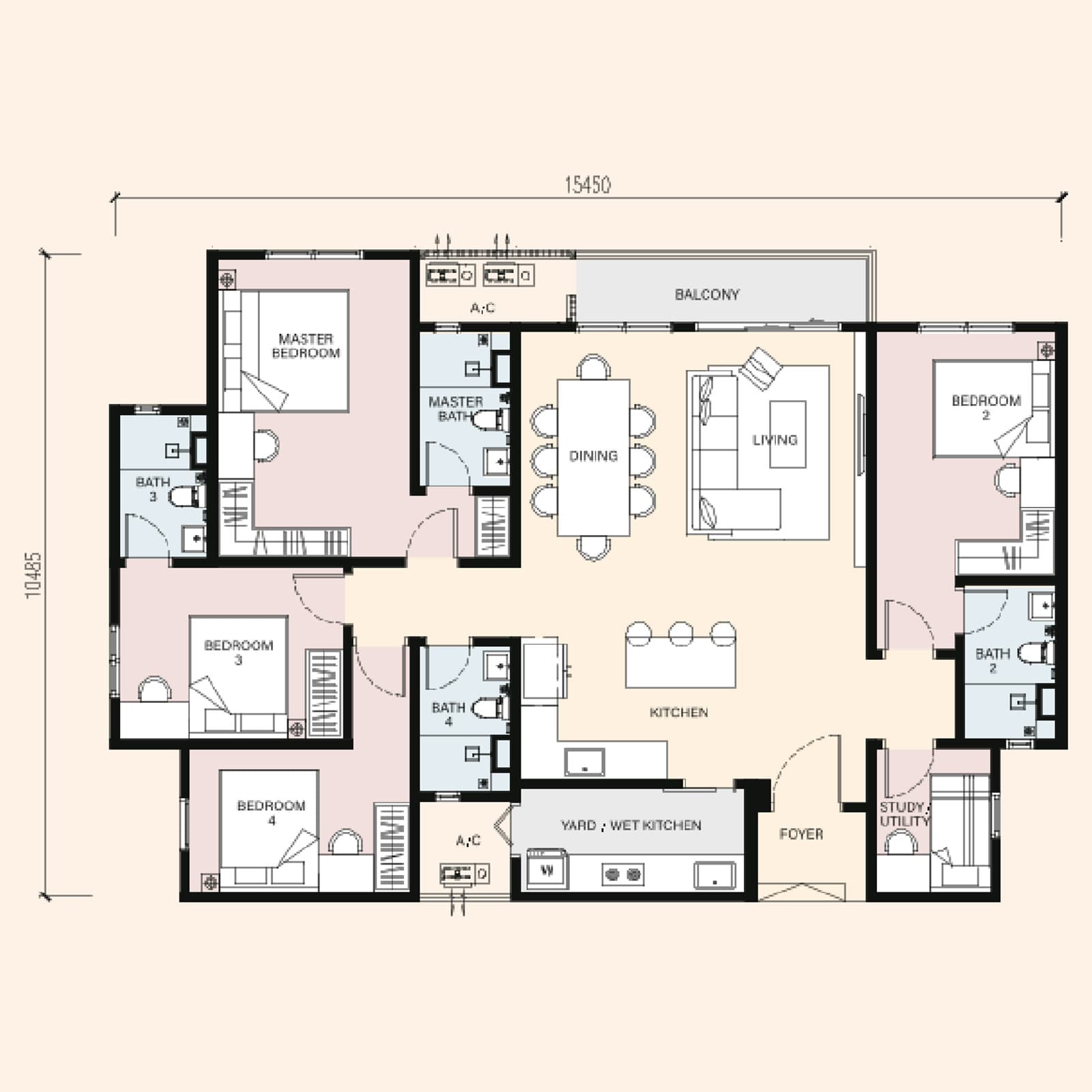 RIA @ Sunsuria Kwasa Damansara Type C floor plan — 1,604 sq ft, 4+1 bedrooms · 4 bathrooms · balcony · study / utility · 1 tandem + 1 car park bay