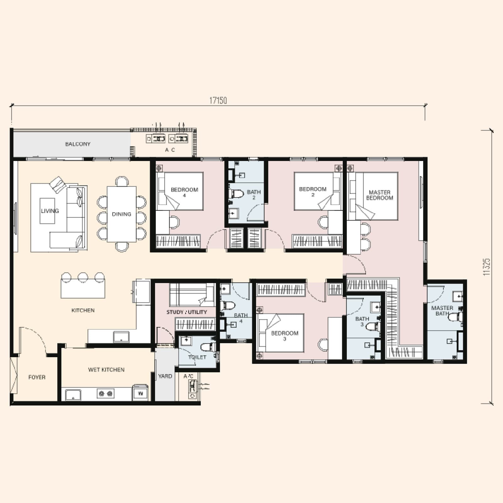 RIA @ Sunsuria Kwasa Damansara Type D floor plan — 1,841 sq ft, 4+1 bedrooms · 5 bathrooms · balcony · study / utility · 3 car park bays, side by side