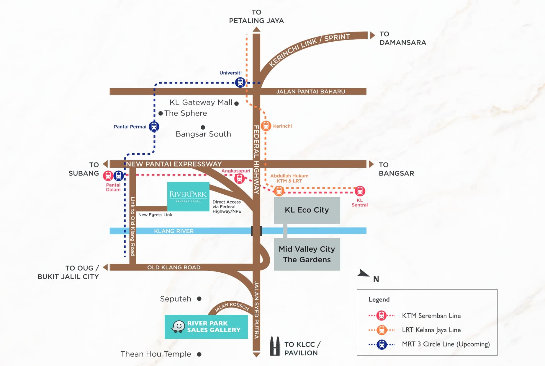 River Park location map — the site between the NPE and Federal Highway, with the KTM, LRT and upcoming MRT 3 lines