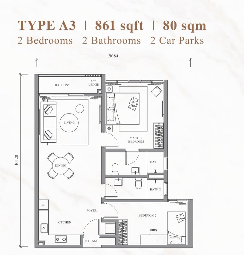 River Park Type A3 floor plan — 861 sq ft, 2 bedrooms · 2 bathrooms