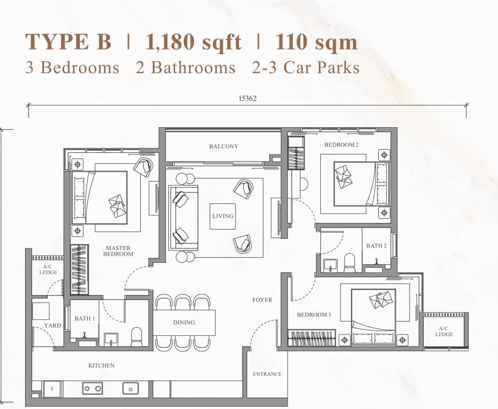 River Park Type B floor plan — 1,180 sq ft, 3 bedrooms · 2 bathrooms
