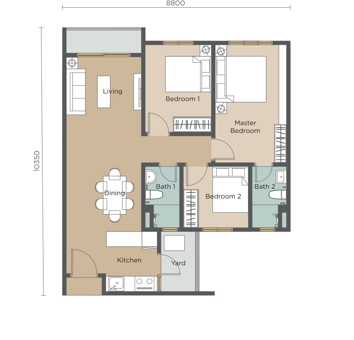 Riverville 2 Type B floor plan — 851 sq ft, 3 bedrooms · 2 bathrooms