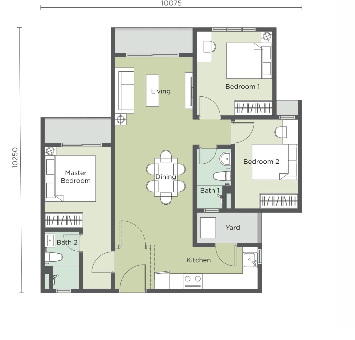 Riverville 2 Type C floor plan — 915 sq ft, 3 bedrooms · 2 bathrooms · dual key