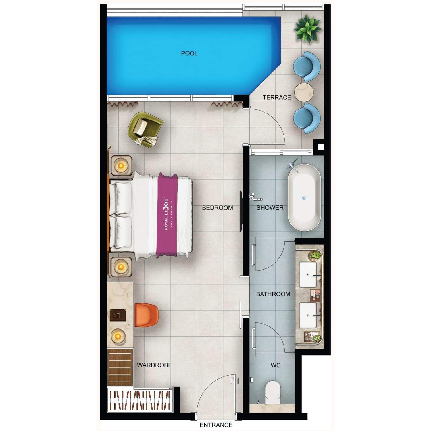 Royal Lexis Type A floor plan — 573 sq ft, 1 bedroom · 1 bathroom · private pool