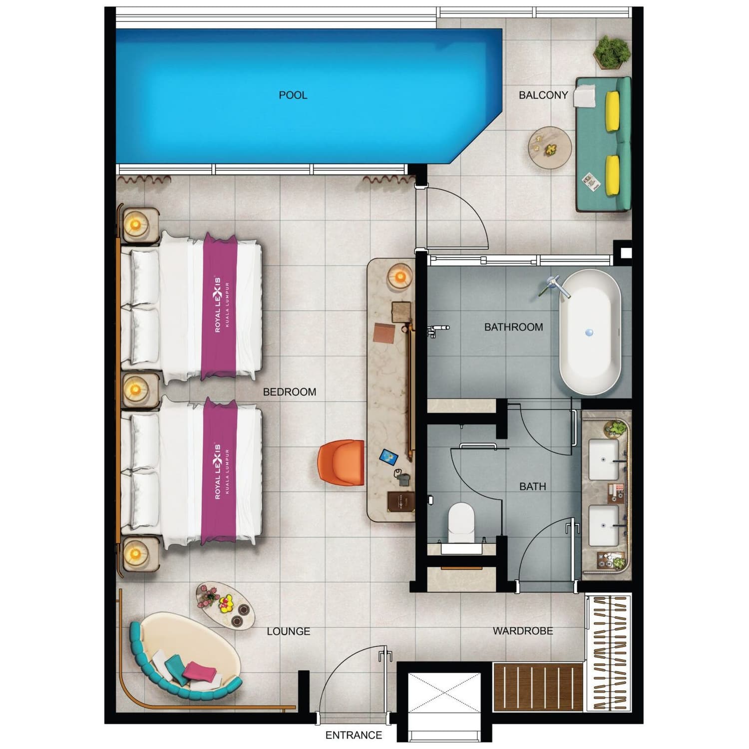 Royal Lexis Type B floor plan — 802 sq ft, 1 bedroom · 1 bathroom · private pool