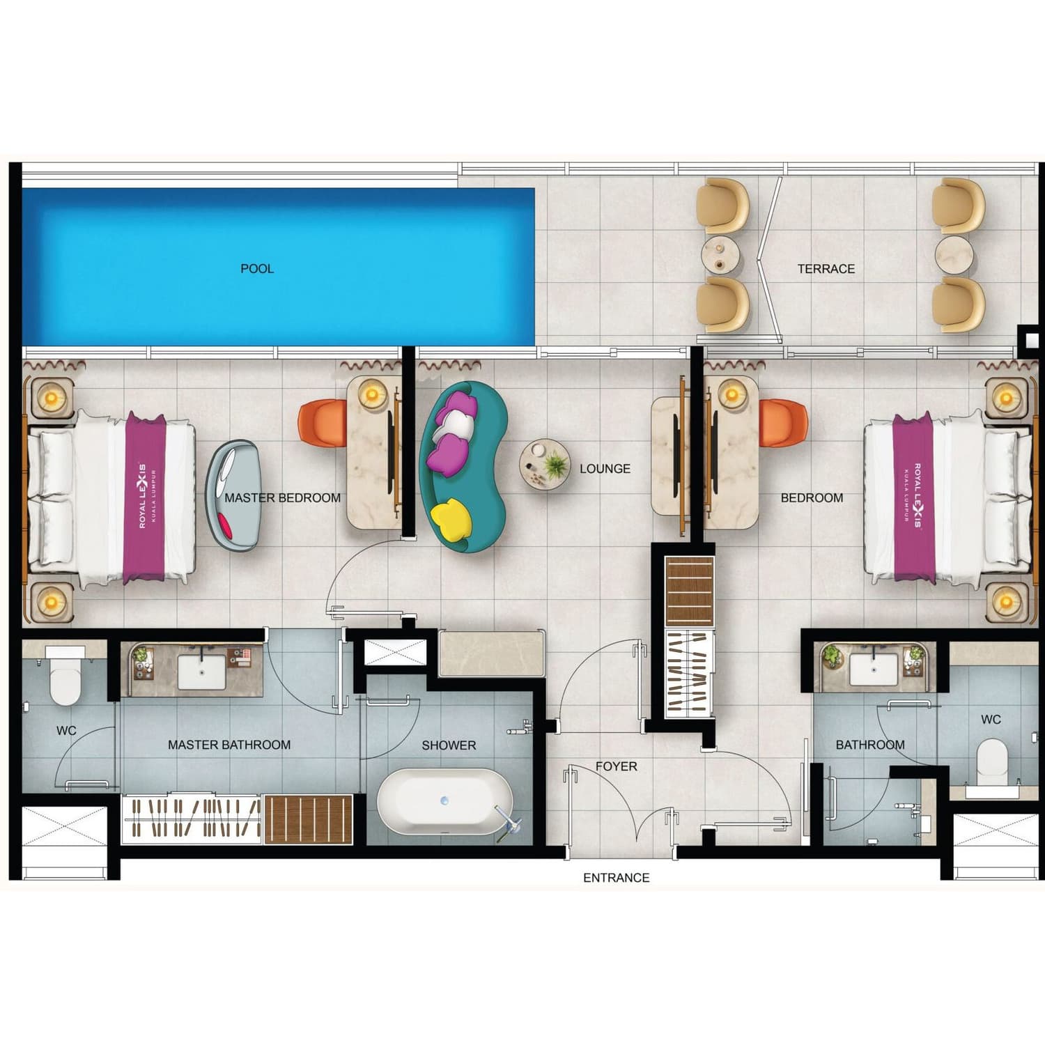 Royal Lexis Type C floor plan — 1,085 sq ft, 2 bedrooms · 2 bathrooms · private pool
