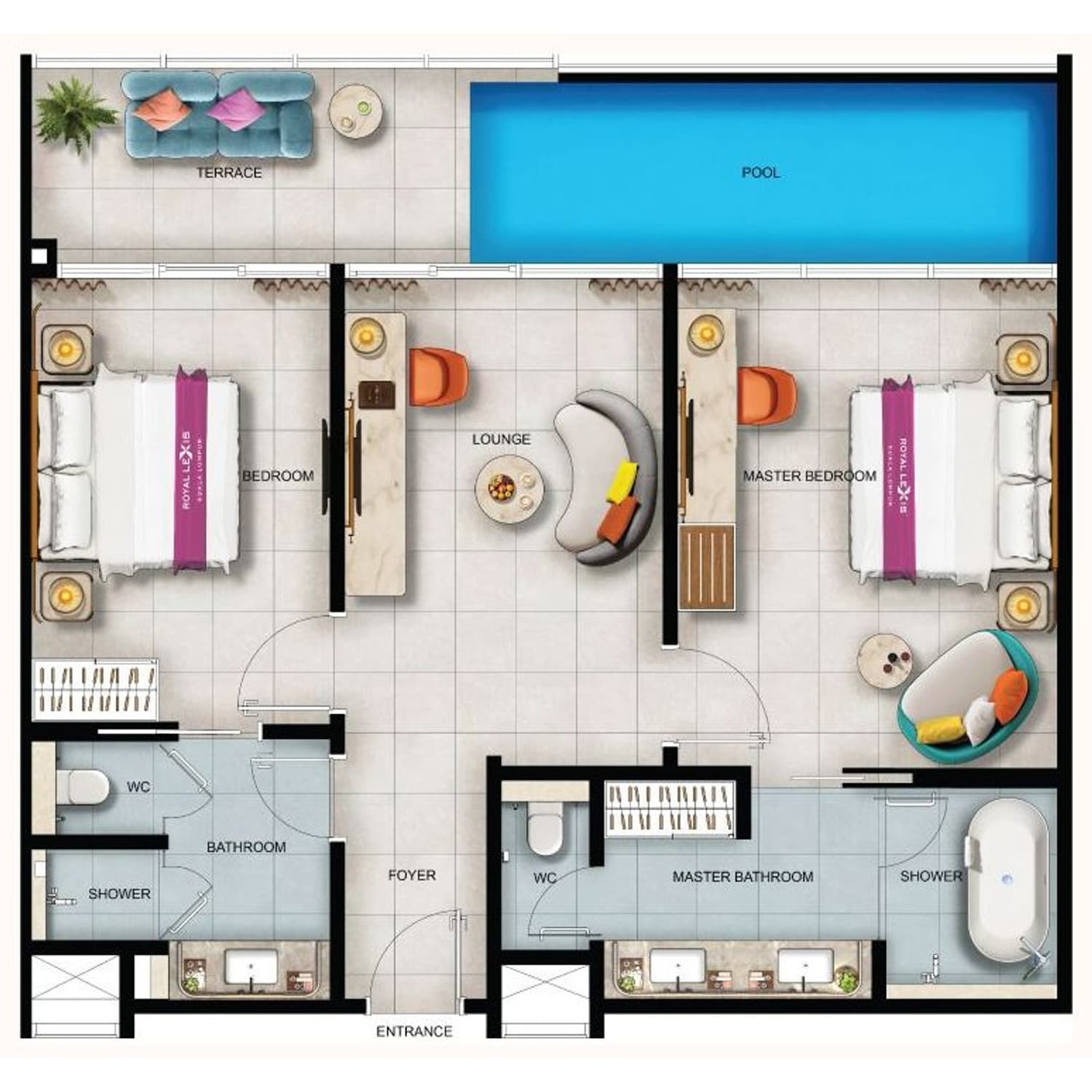 Royal Lexis Type D floor plan — 1,155 sq ft, 2 bedrooms · 2 bathrooms · private pool