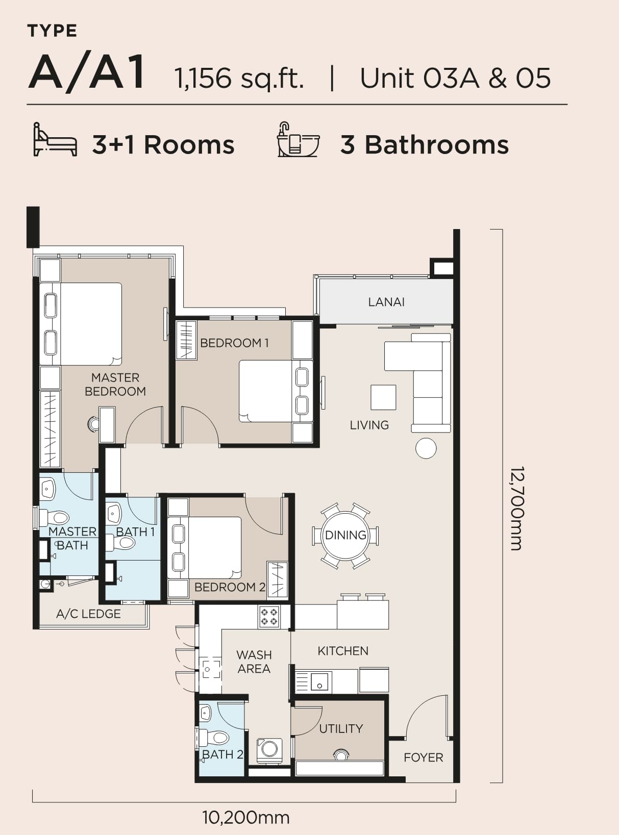 Type A/A1 floor plan — 1,156 sq ft, 3+1 rooms · 3 bathrooms