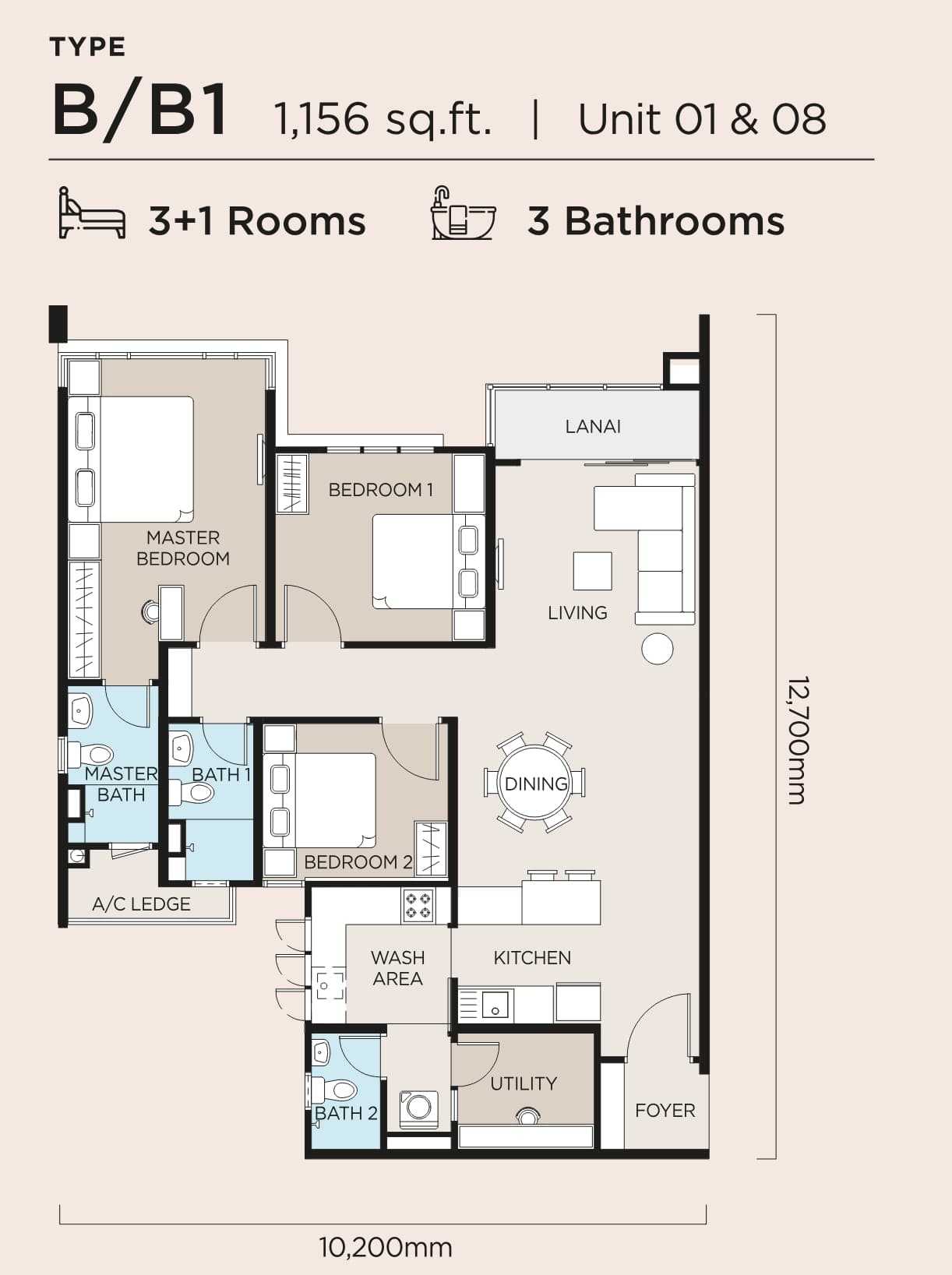 Type B/B1 floor plan — 1,156 sq ft, 3+1 rooms · 3 bathrooms