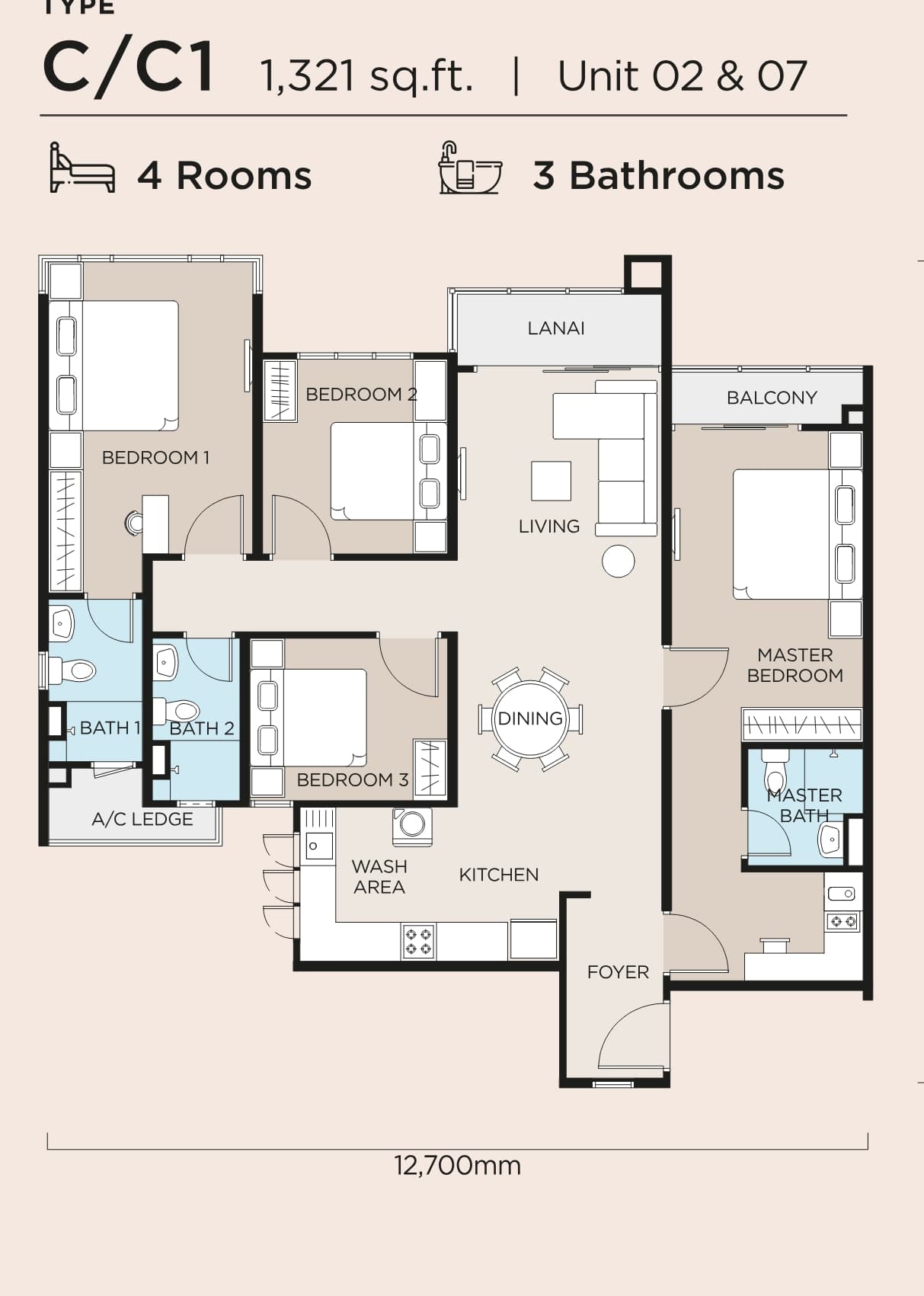 Type C/C1 floor plan — 1,321 sq ft, 4 rooms · 3 bathrooms