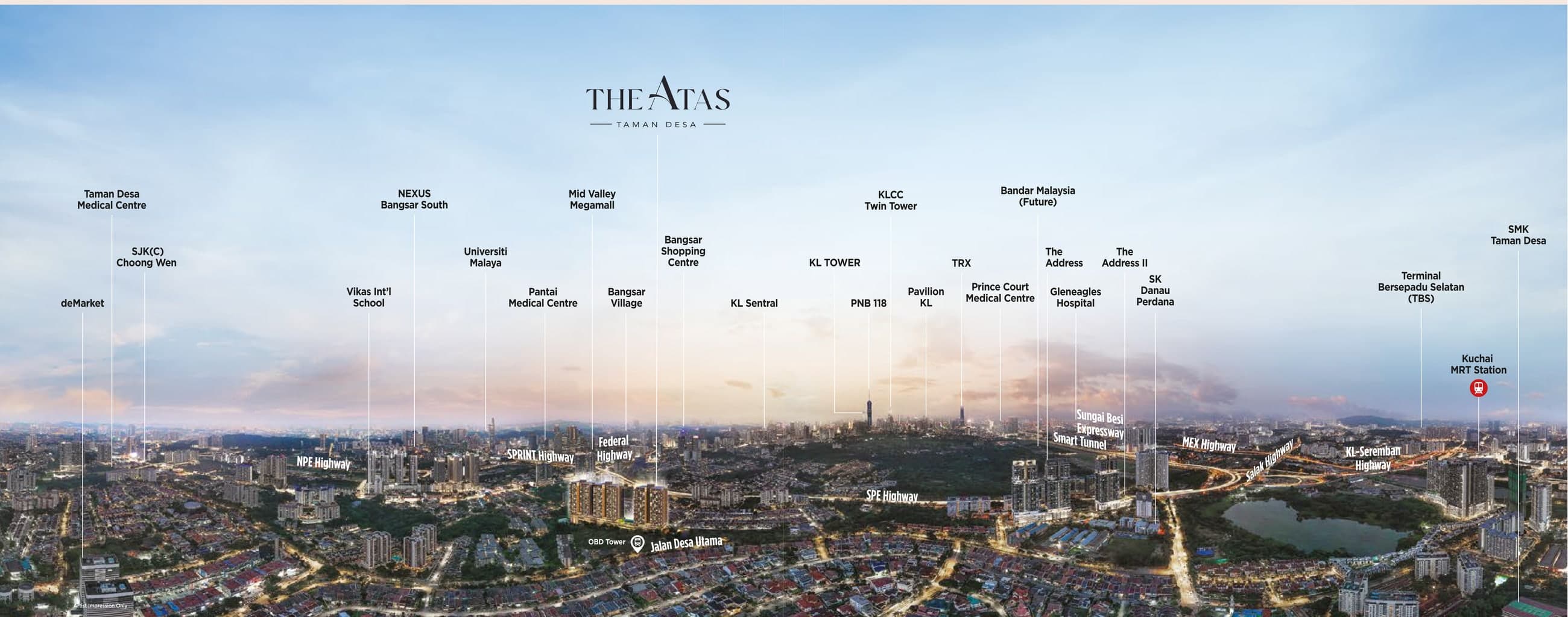 Labelled aerial panorama showing the city landmarks around The Atas