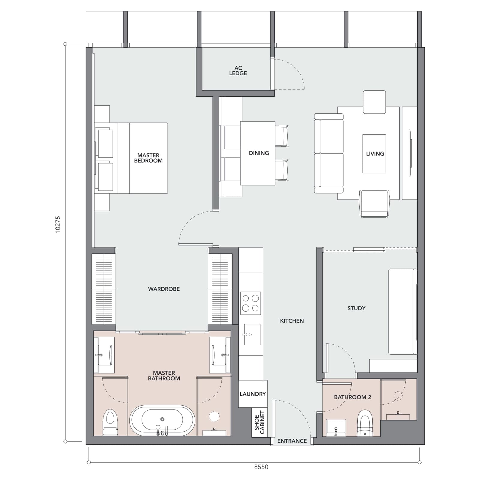 The Conlay — Conlay Signature Suites Type F 1+1 Bedrooms floor plan — 947 sq ft, 1+1 bedrooms · 2 bathrooms