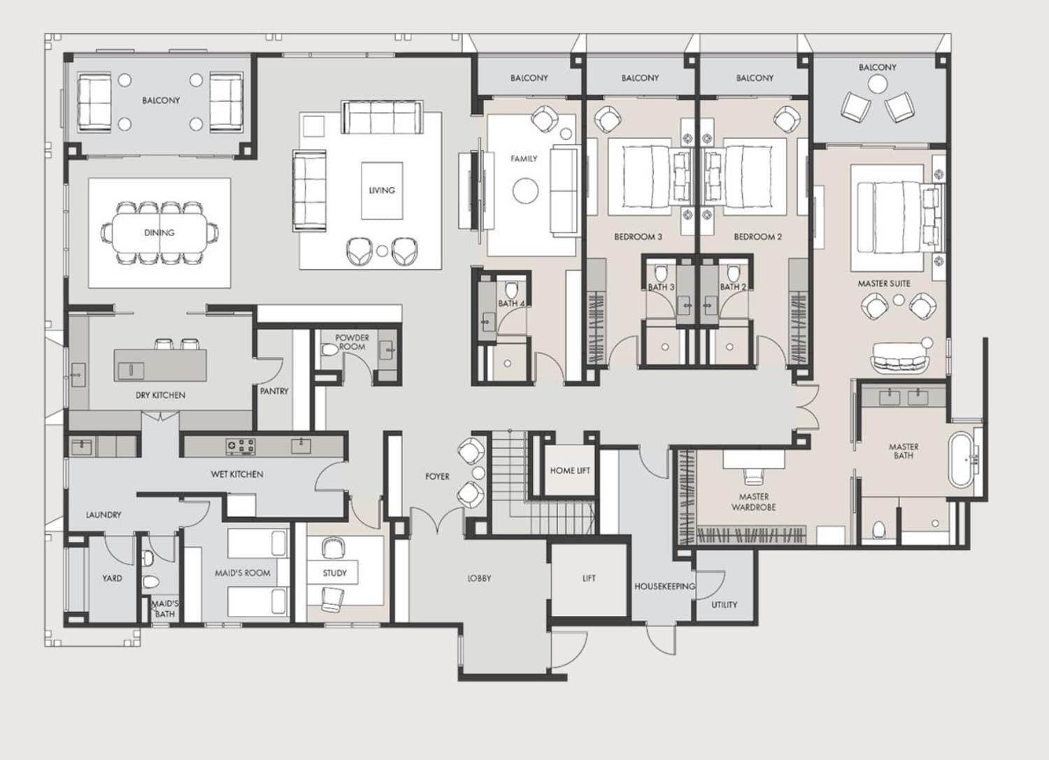 The Eden penthouse Type A3a lower floor plan — 9,192 sq ft, 4 + 2 bedrooms · 6 bathrooms + 1 powder room