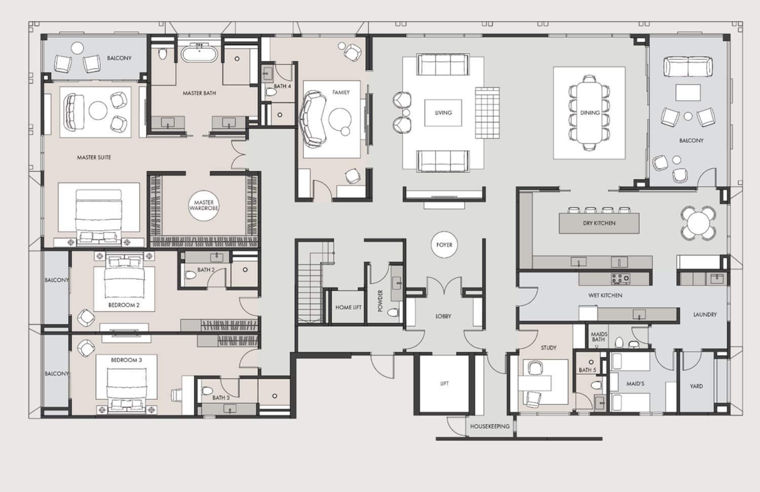 The Eden penthouse Type C1 lower floor plan — 11,141 sq ft, 4 + 2 bedrooms · 7 bathrooms + 1 powder room