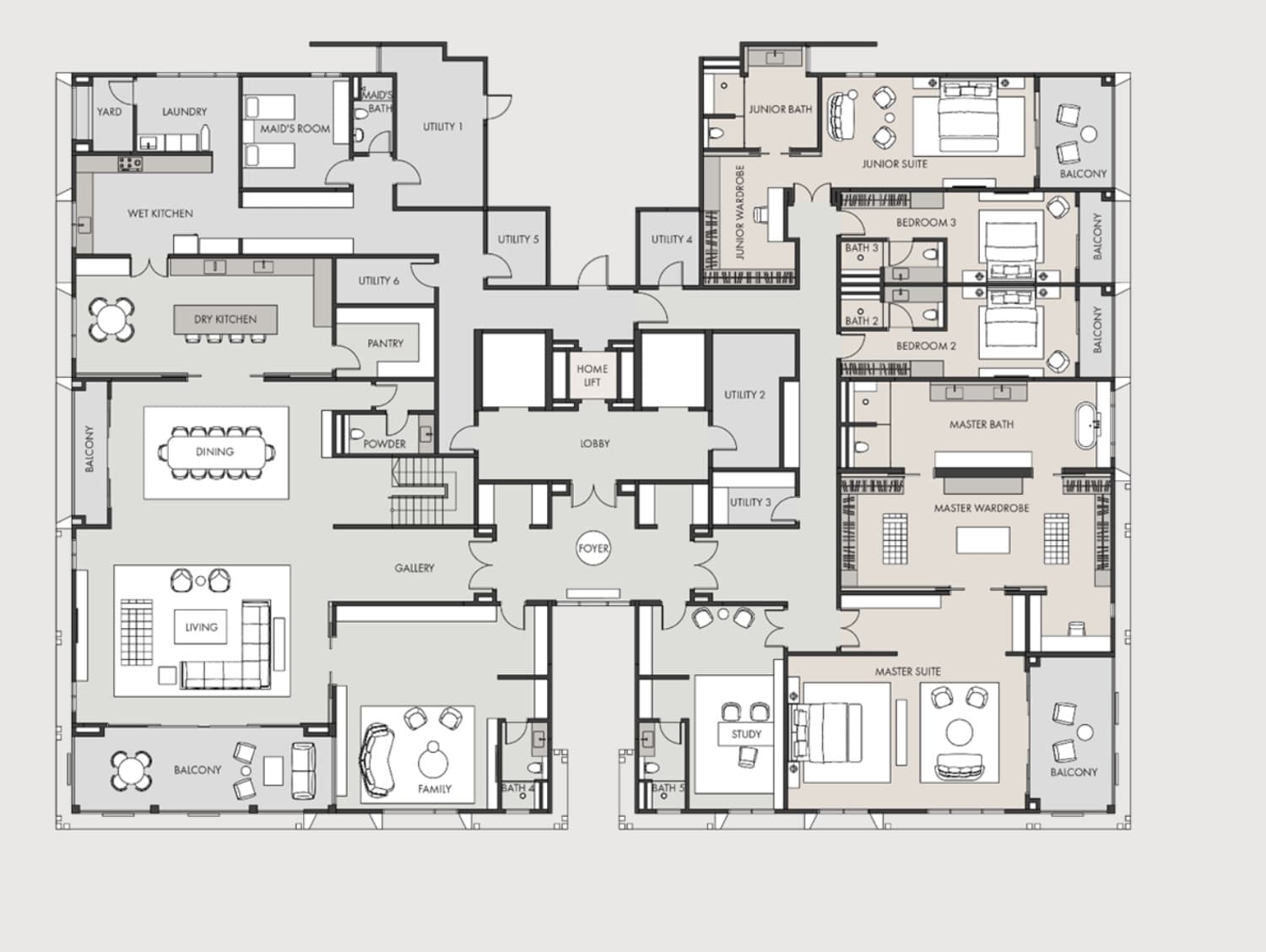 The Eden penthouse Type D1 lower floor plan — 19,031 sq ft, 5 + 2 bedrooms · 8 bathrooms + 1 powder room