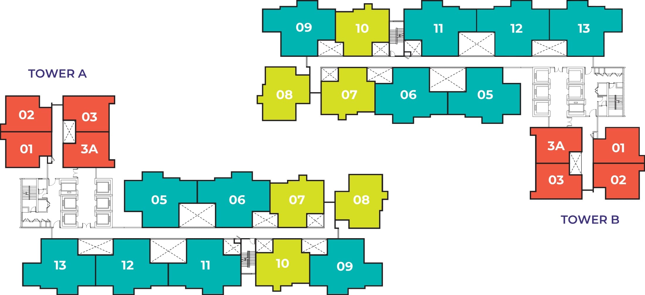 The Vividz typical floor plate, Level 8 – 46 — Tower A on the left and Tower B on the right, with each unit numbered and coloured by type