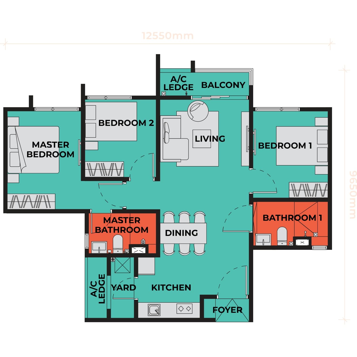 The Vividz Bukit Jalil Type C1 floor plan — 915 sq ft, 3 bedrooms · 2 bathrooms · 2 car park bays · balcony