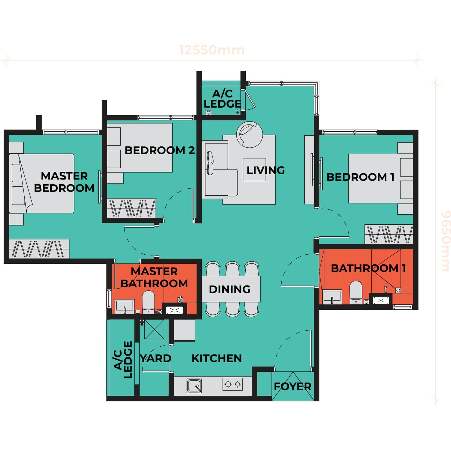The Vividz Bukit Jalil Type C2 floor plan — 915 sq ft, 3 bedrooms · 2 bathrooms · 2 car park bays · no balcony