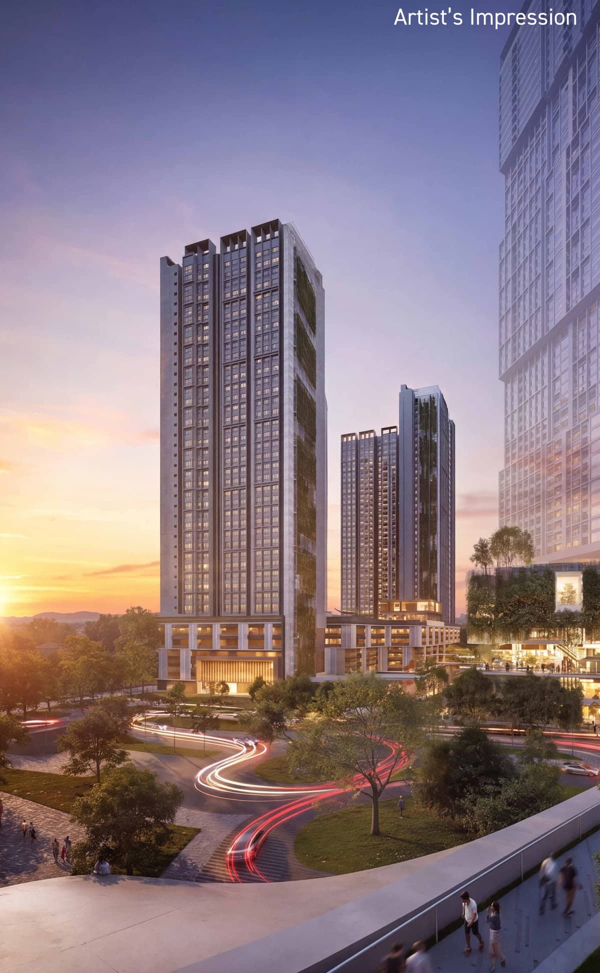 Trybe Residences towers seen from the HighLink at SJX, artist's impression