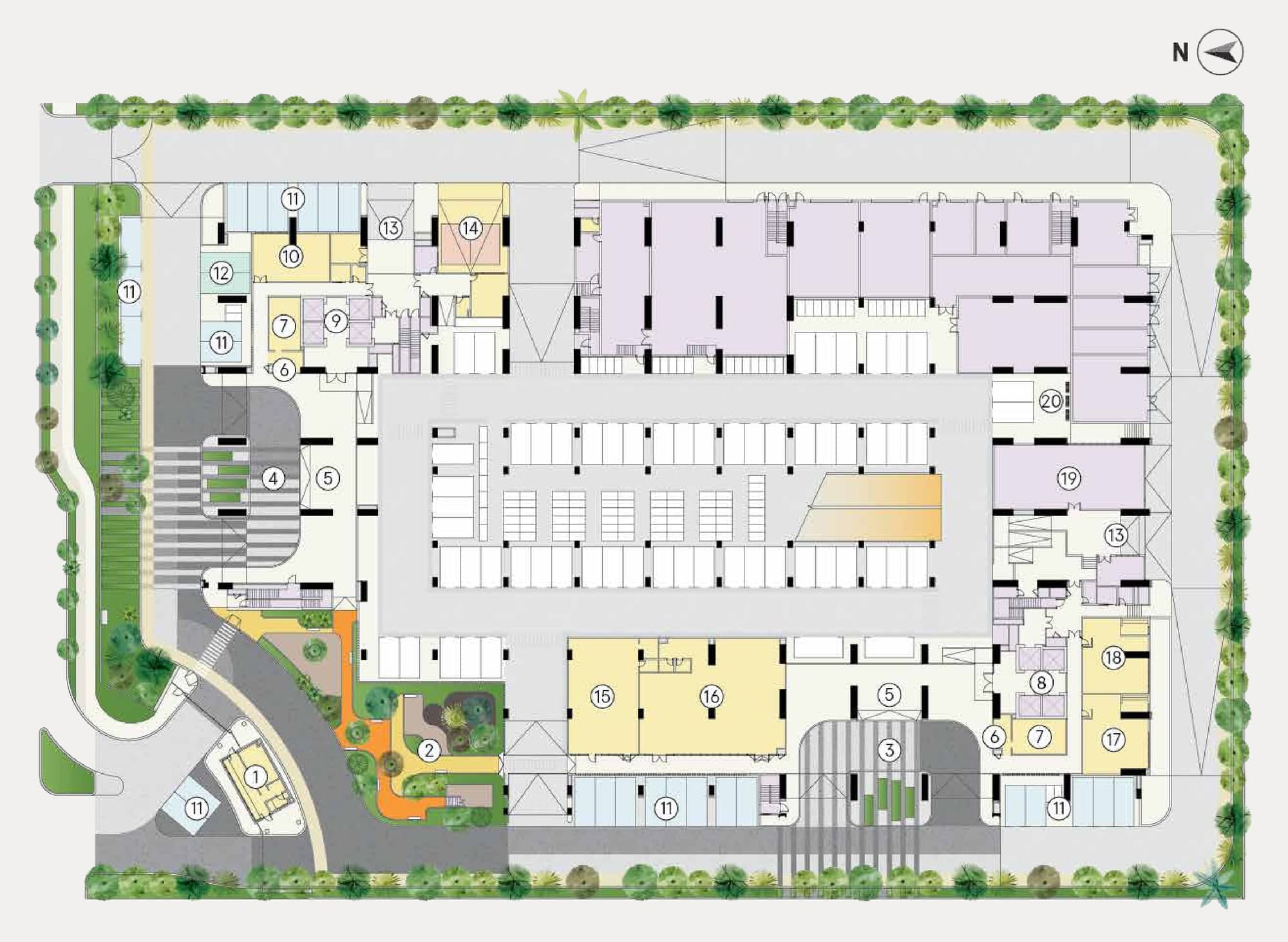 Trybe Residences Level 1 facilities plan: guard pavilion, drop-offs, lobby, EV charging and car wash bays