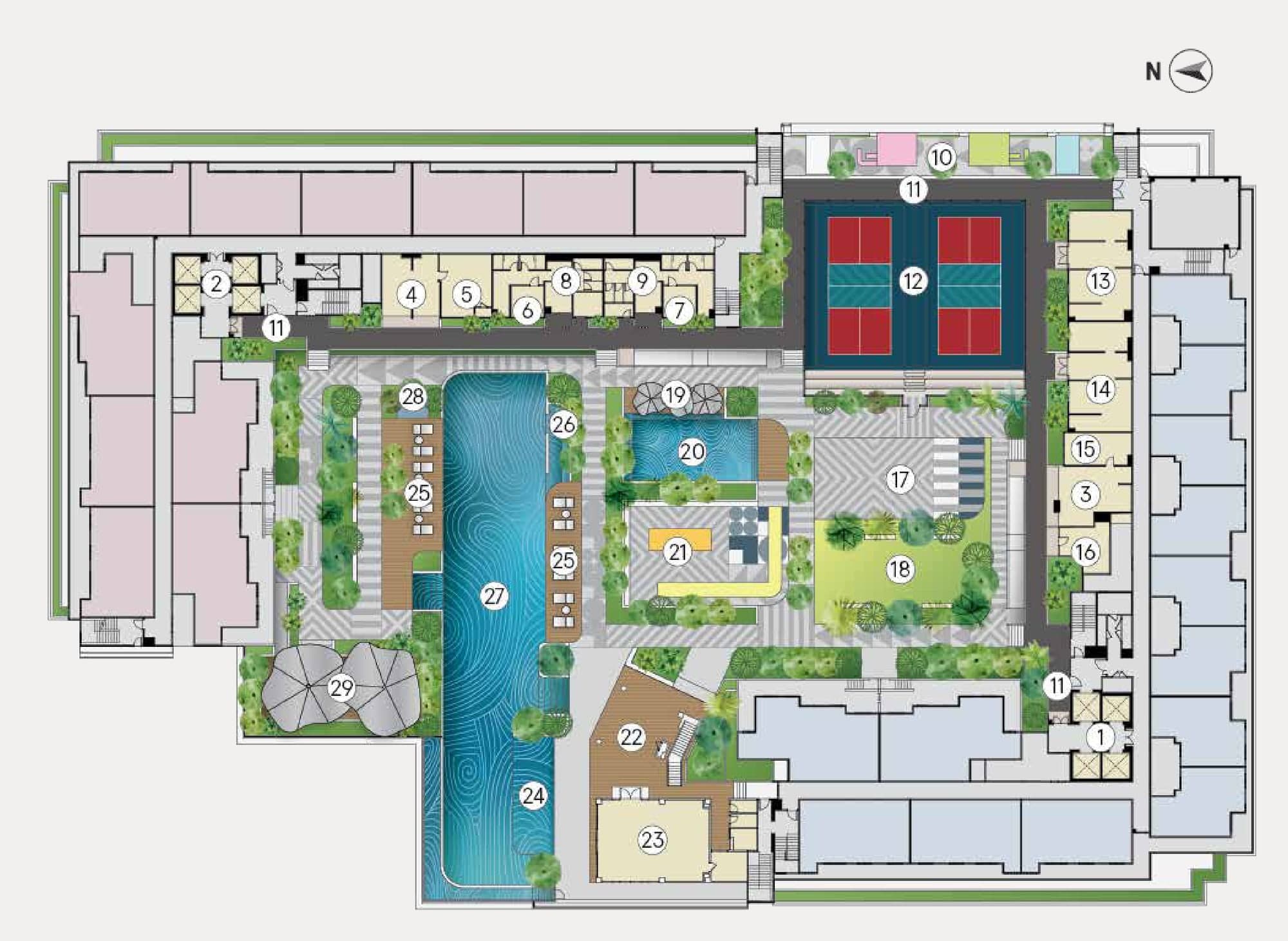 Trybe Residences Level 7 facilities plan: 50m infinity pool, pickleball court, lawns and the podcast studio